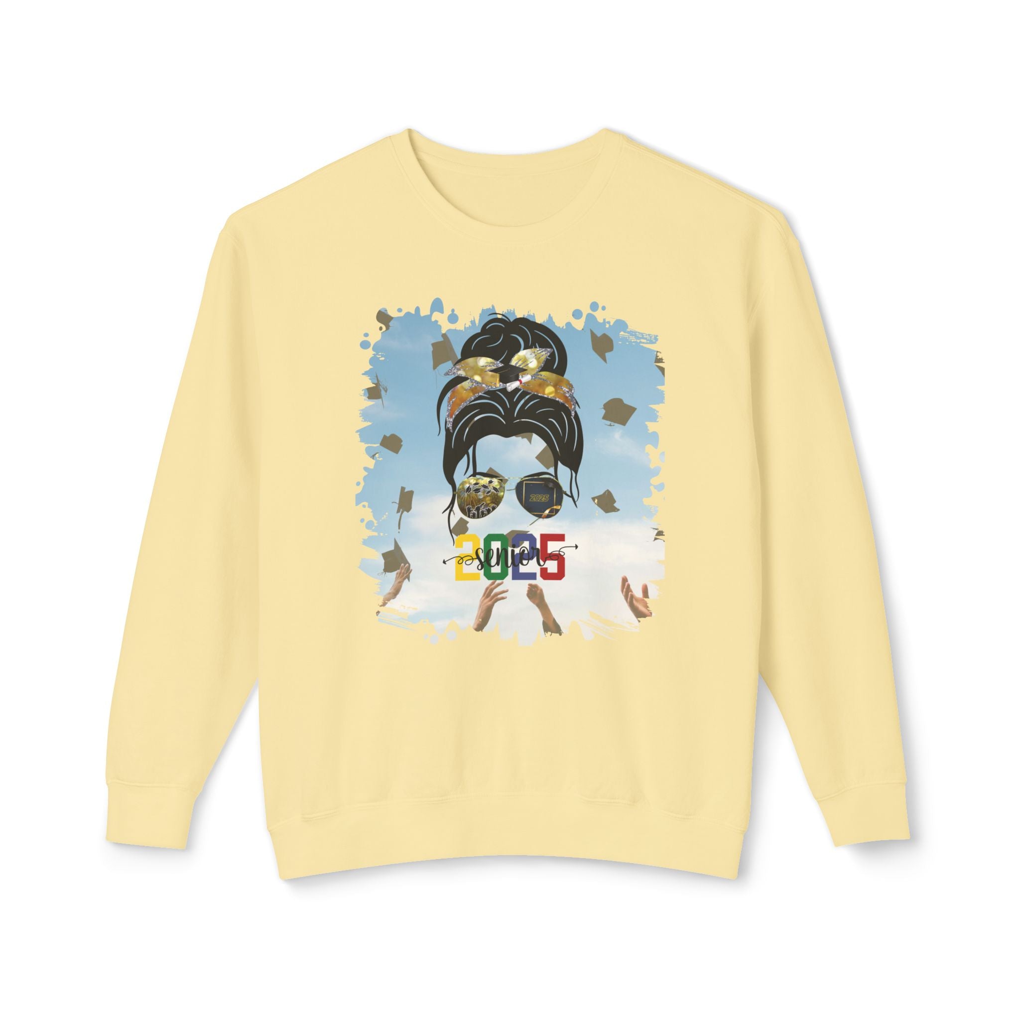 Senior 2025 Colorful, Celebration, Dark Hair Messy Bun, Unisex Lightweight Crewneck Sweatshirt