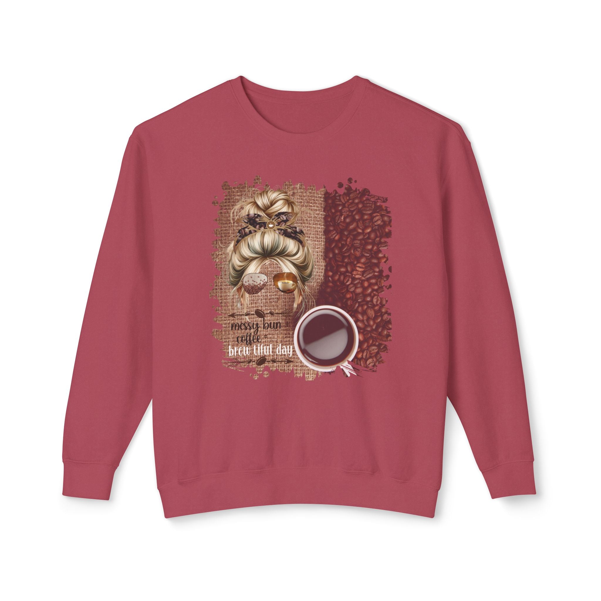 Messy Bun plus Coffee, Coffee Beans Bag, Blond Hair Messy Bun, Unisex Lightweight Crewneck Sweatshirt