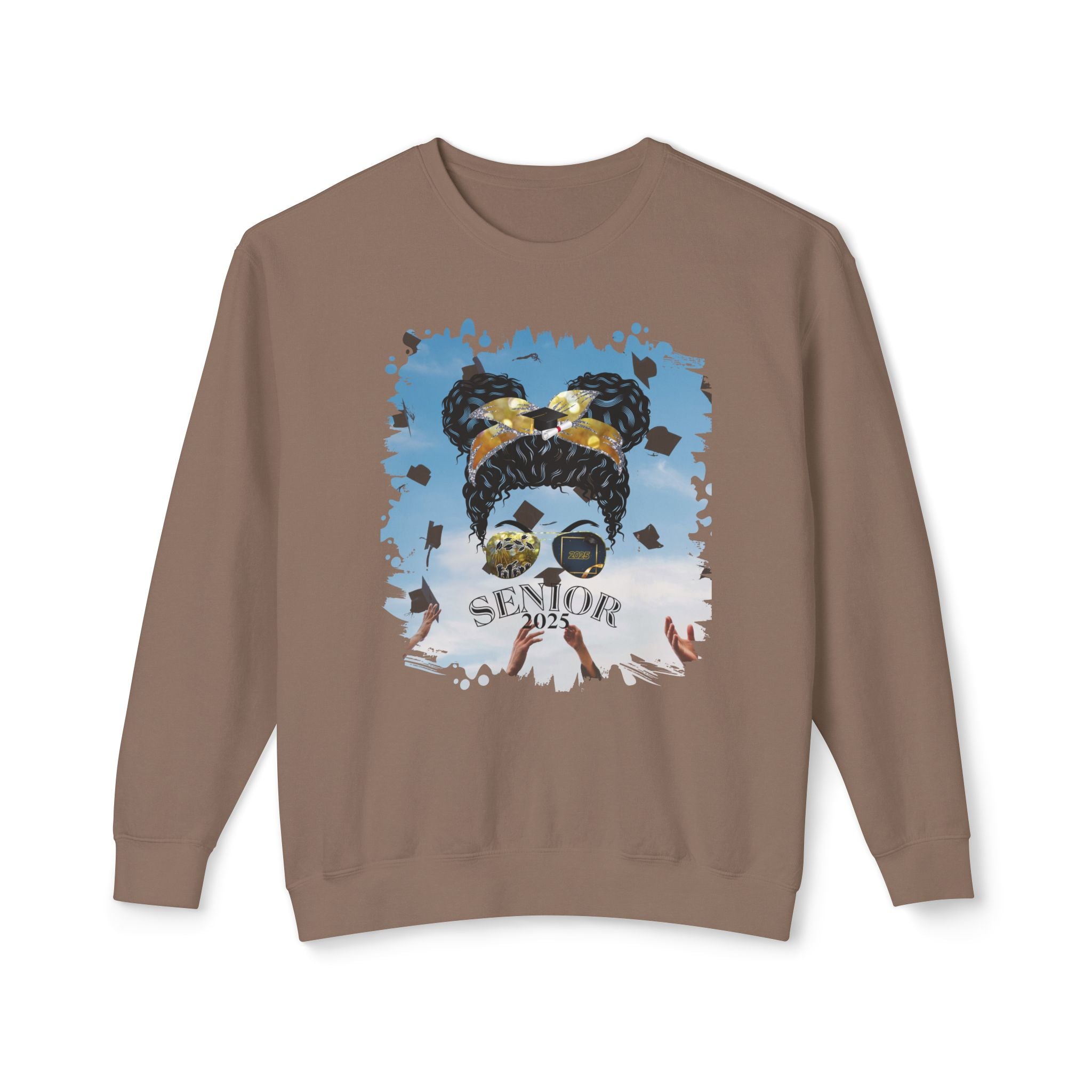 Senior 2025, Celebration, Black Hair Messy Bun, Unisex Lightweight Crewneck Sweatshirt