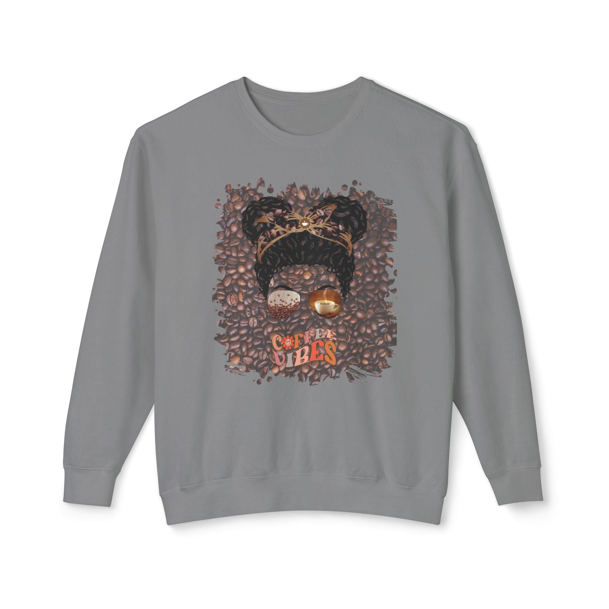 Coffee Vibes, Coffee Beans, Black Hair Messy Bun, Unisex Lightweight Crewneck Sweatshirt