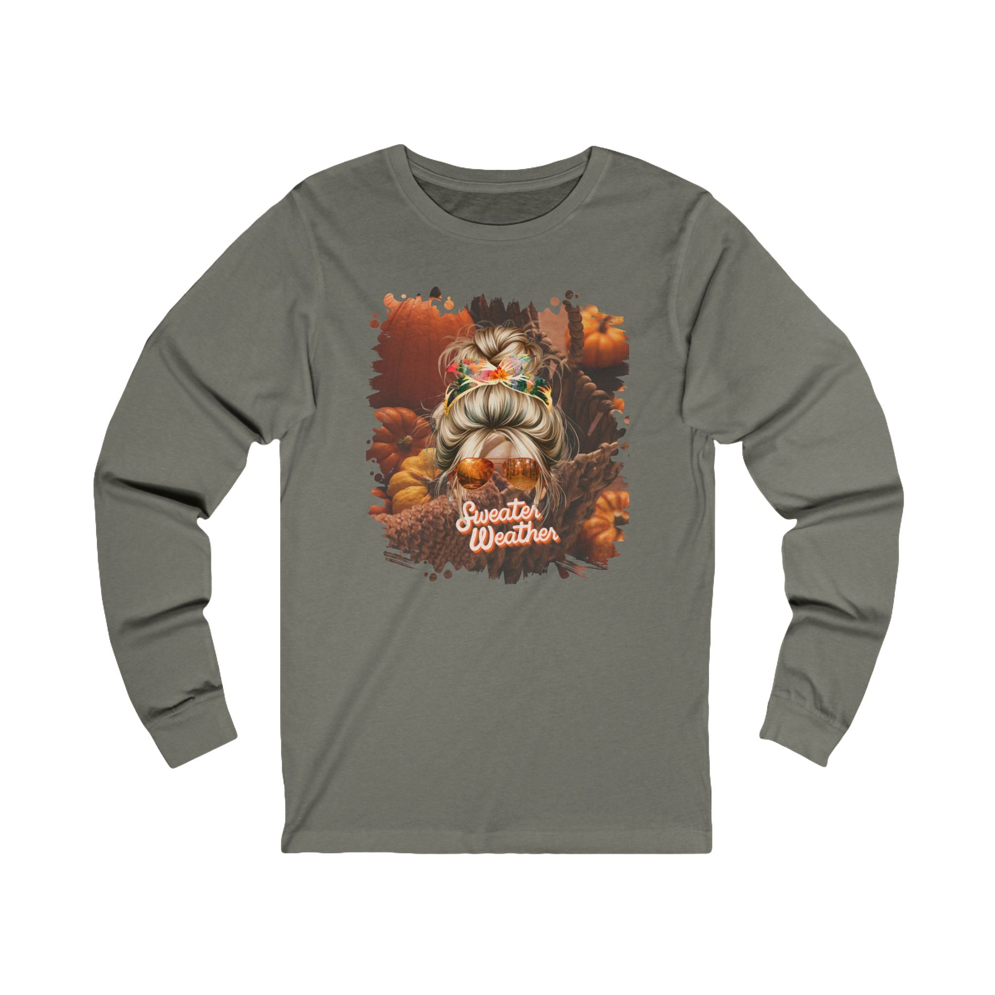 Sweater Weather Fall Pumpkins, Blond Hair Messy Bun, Unisex Jersey Long Sleeve Tee