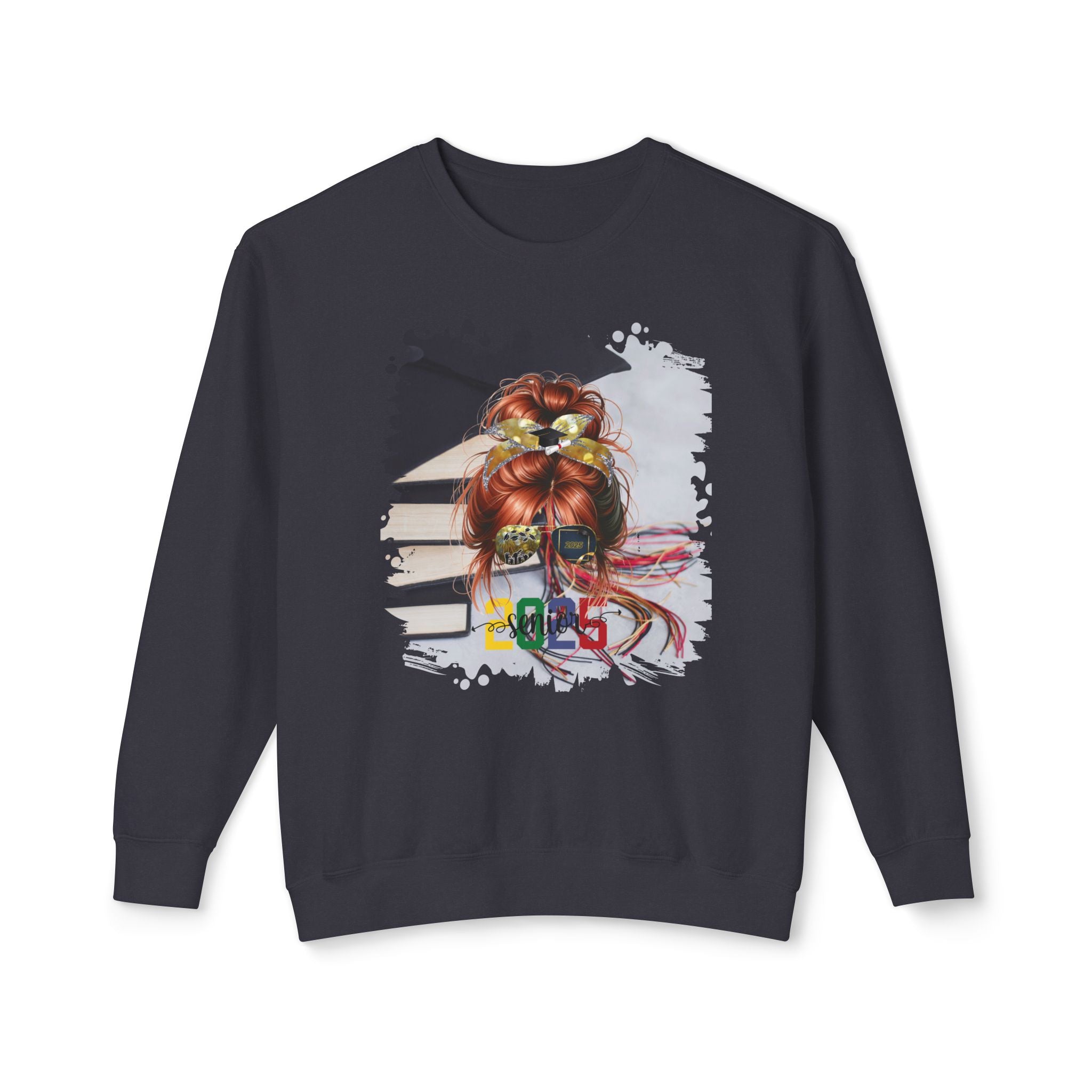 Senior 2025 Colorful, Cap & Books, Red Hair Messy Bun, Unisex Lightweight Crewneck Sweatshirt