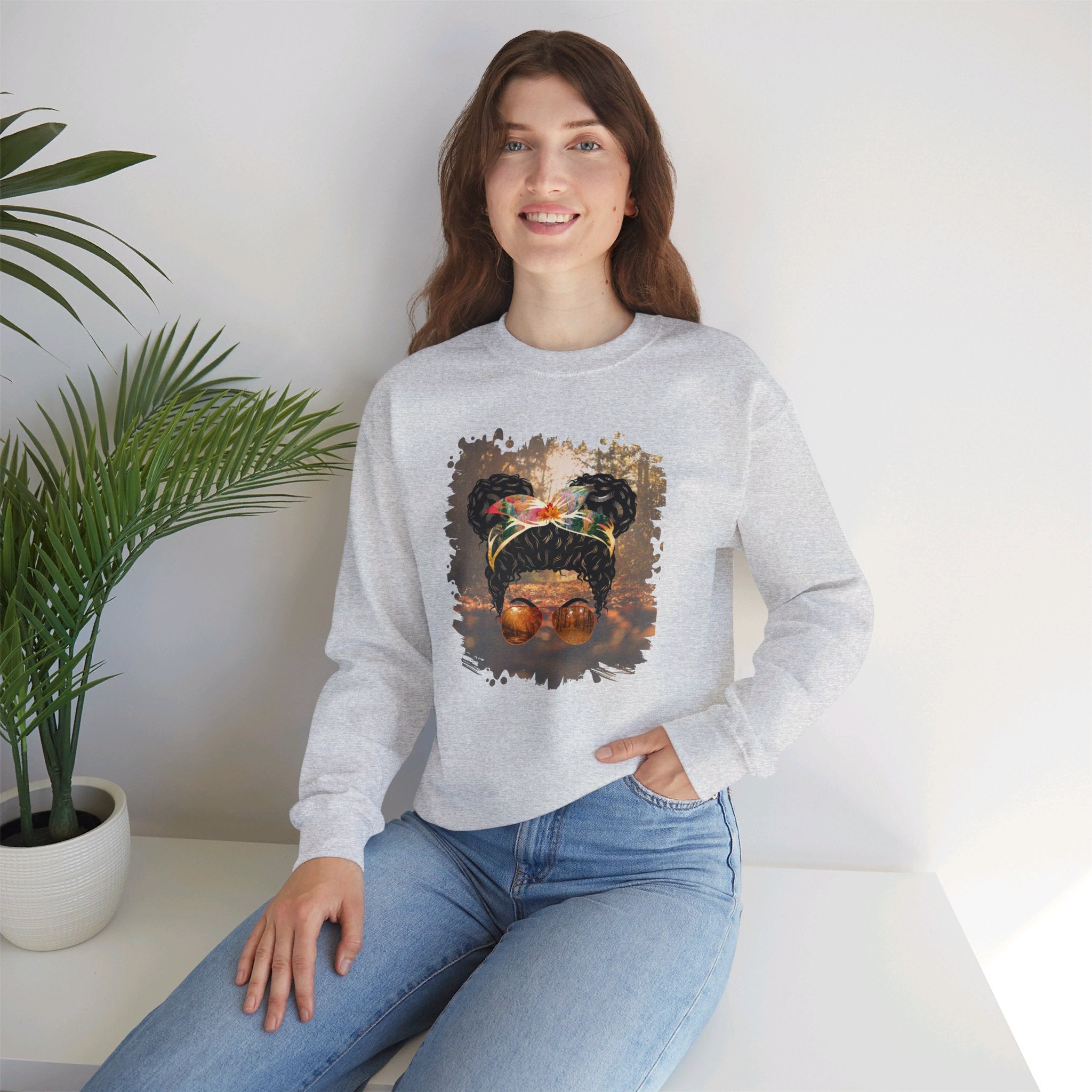 Fall Forest, Black Hair Messy Bun, Unisex Heavy Blend™ Crewneck Sweatshirt