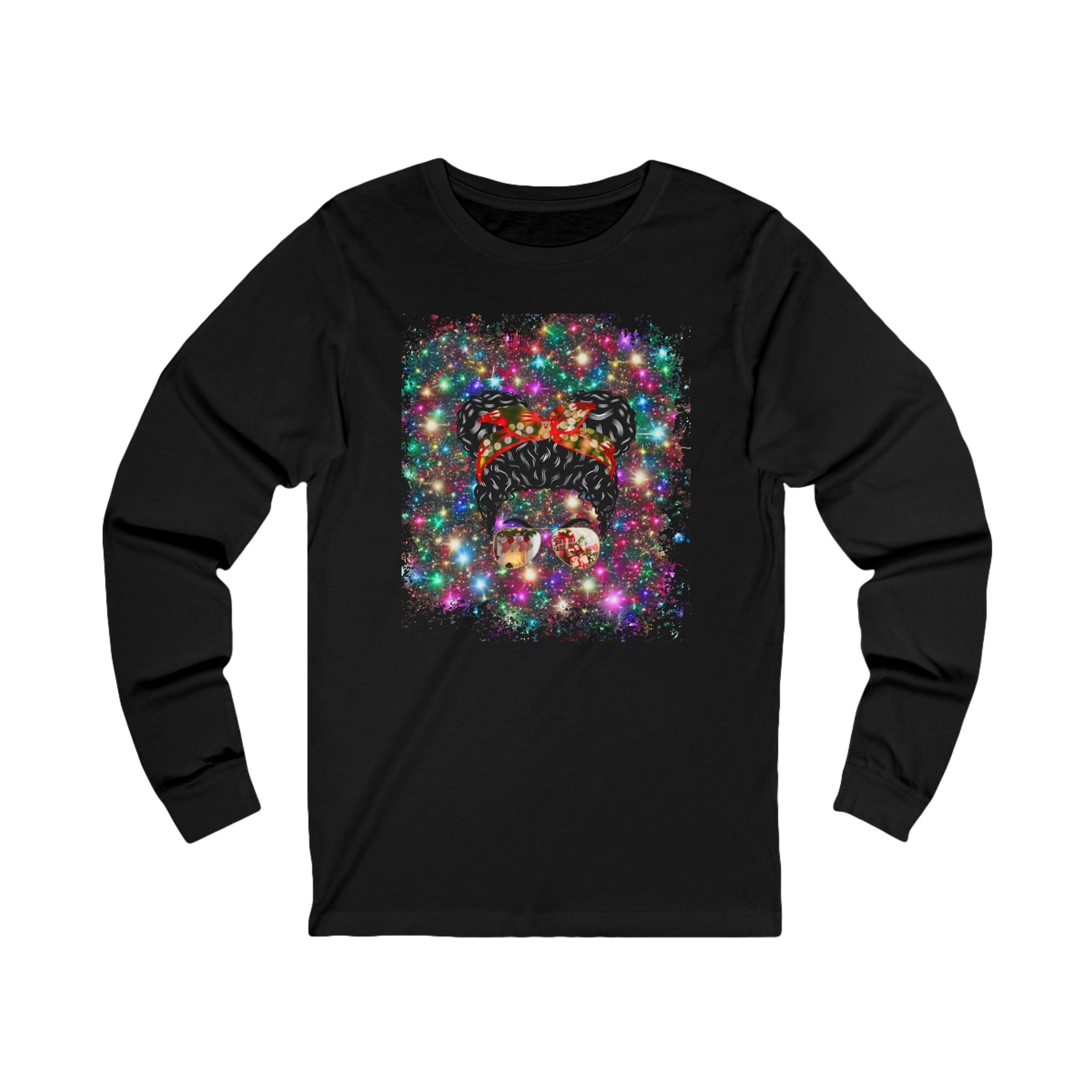 Christmas Lights, Black Hair Messy Bun, Unisex Jersey Long Sleeve Tee