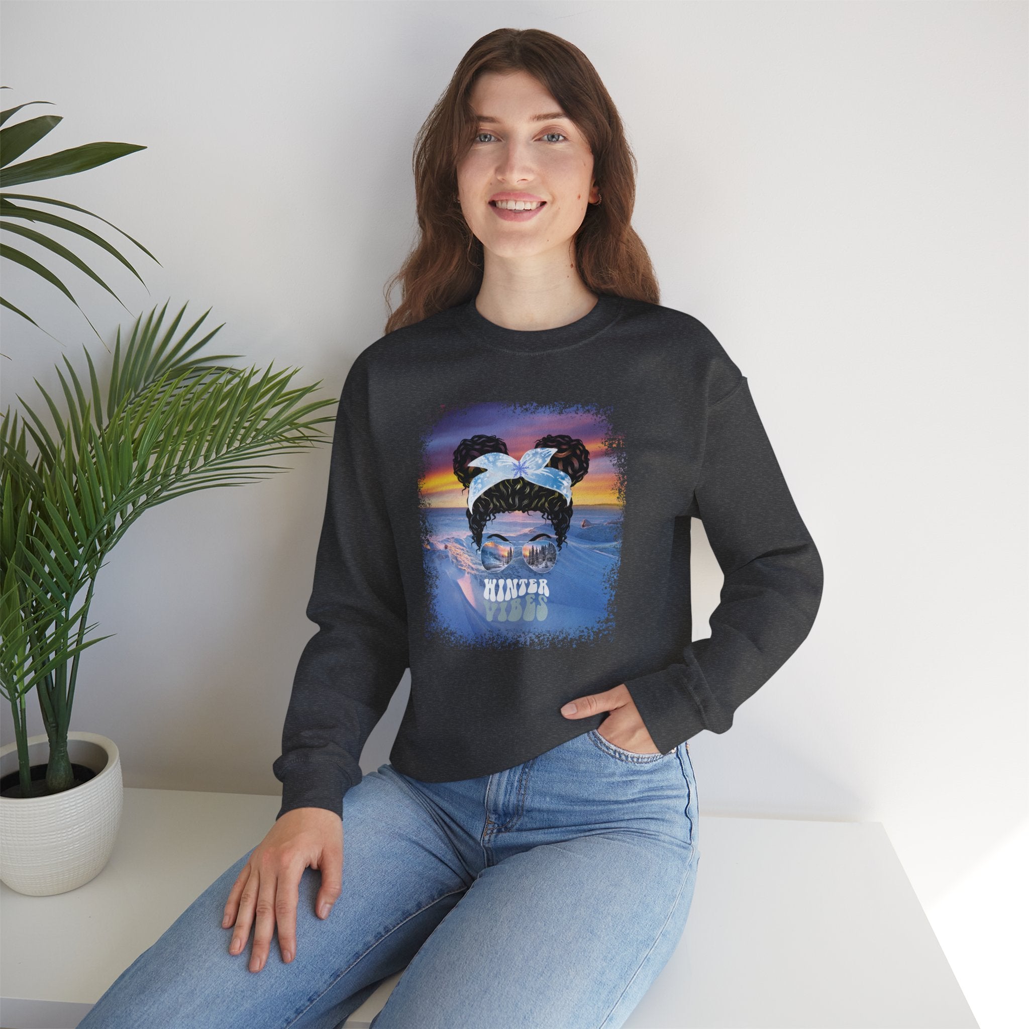 Winter Vibes Winter Mountain, Black Hair Messy Bun, Unisex Heavy Blend™ Crewneck Sweatshirt