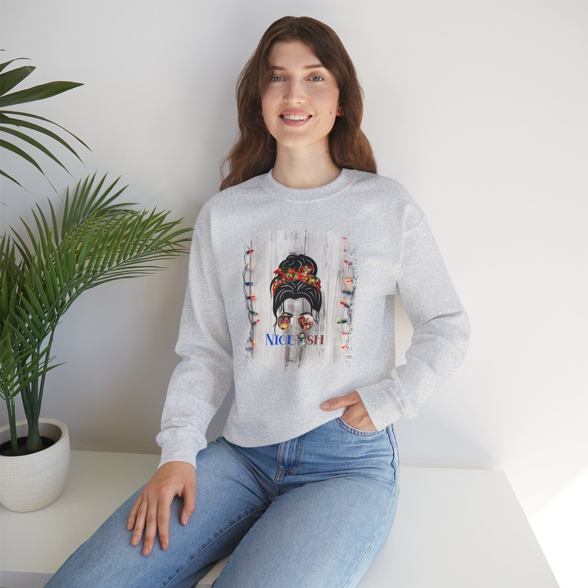 Nice-ish Christmas String Lights, Dark Hair Messy Bun, Unisex Heavy Blend™ Crewneck Sweatshirt