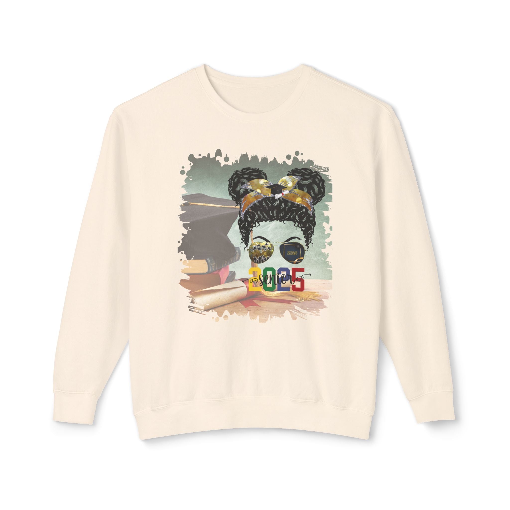 Senior 2025 Colorful, Cap & Degree/Diploma, Black Hair Messy Bun, Unisex Lightweight Crewneck Sweatshirt