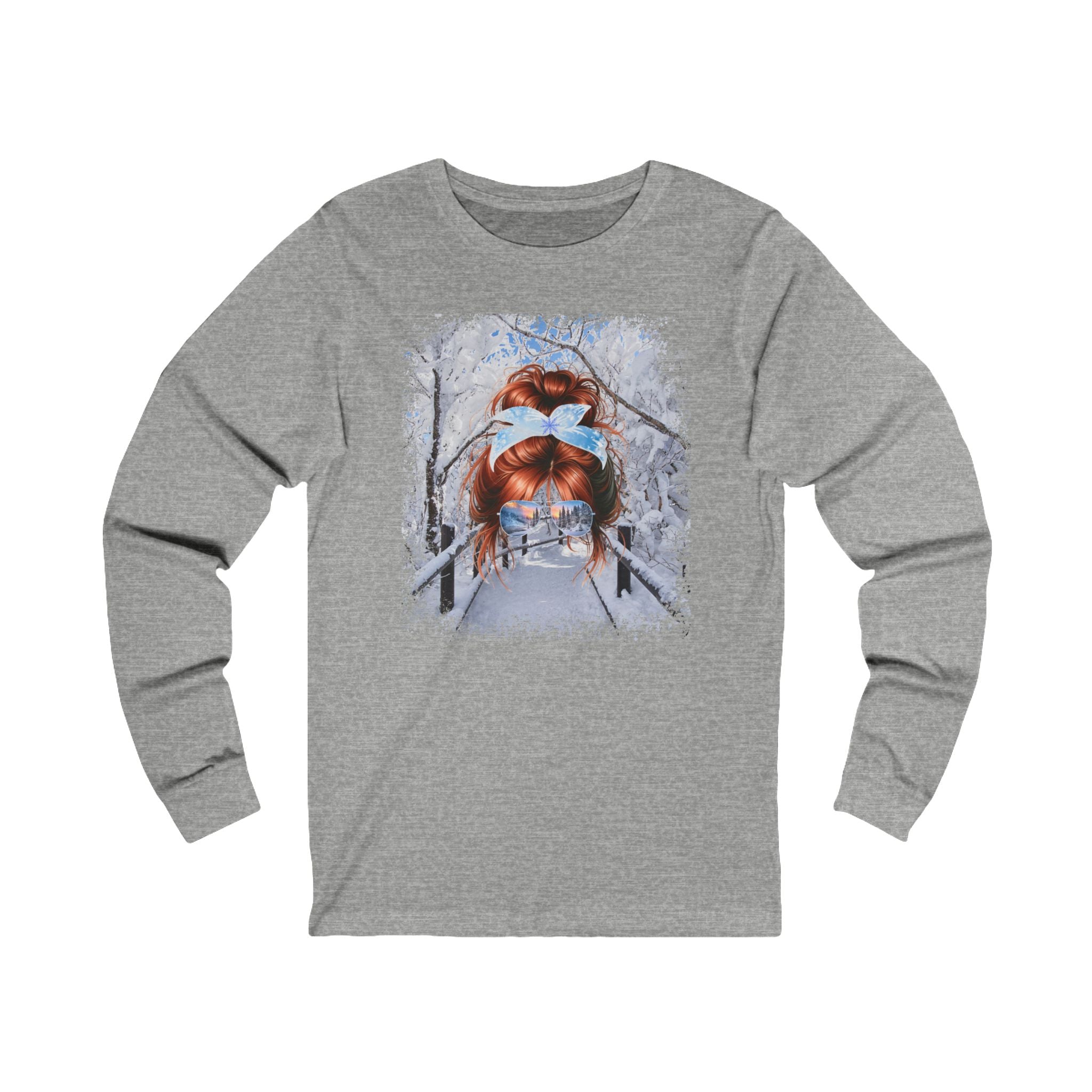 Winter Hike, Red Hair Messy Bun, Unisex Jersey Long Sleeve Tee