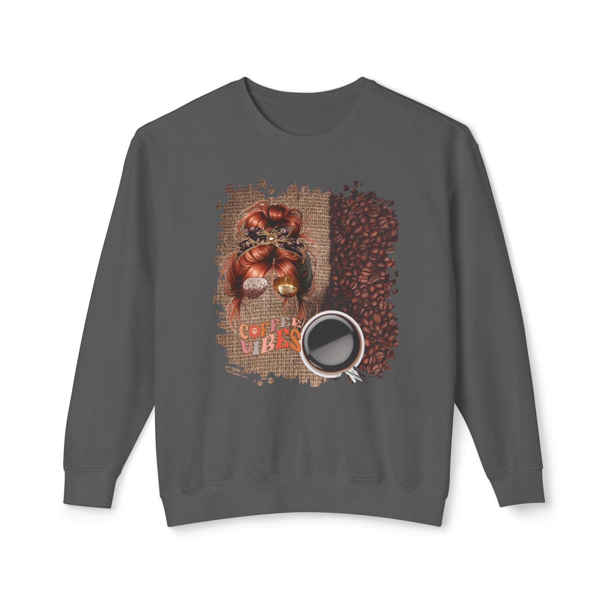 Coffee Vibes, Coffee Beans Bag, Red Hair Messy Bun, Unisex Lightweight Crewneck Sweatshirt