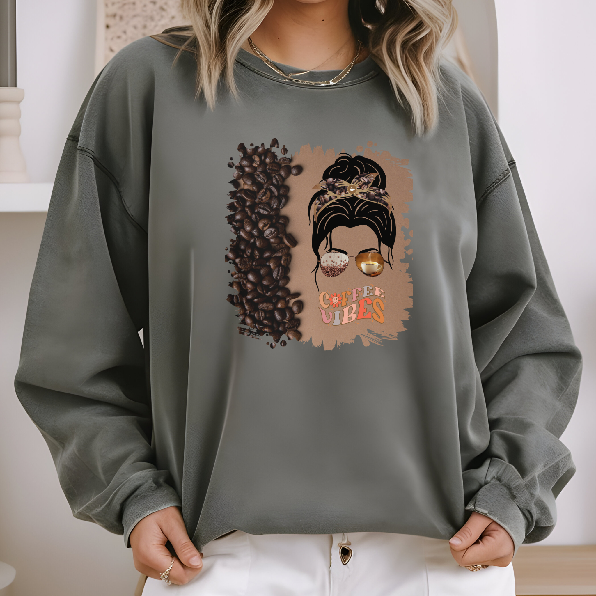 Coffee Vibes, Coffee Beans Shade, Dark Hair Messy Bun, Unisex Lightweight Crewneck Sweatshirt