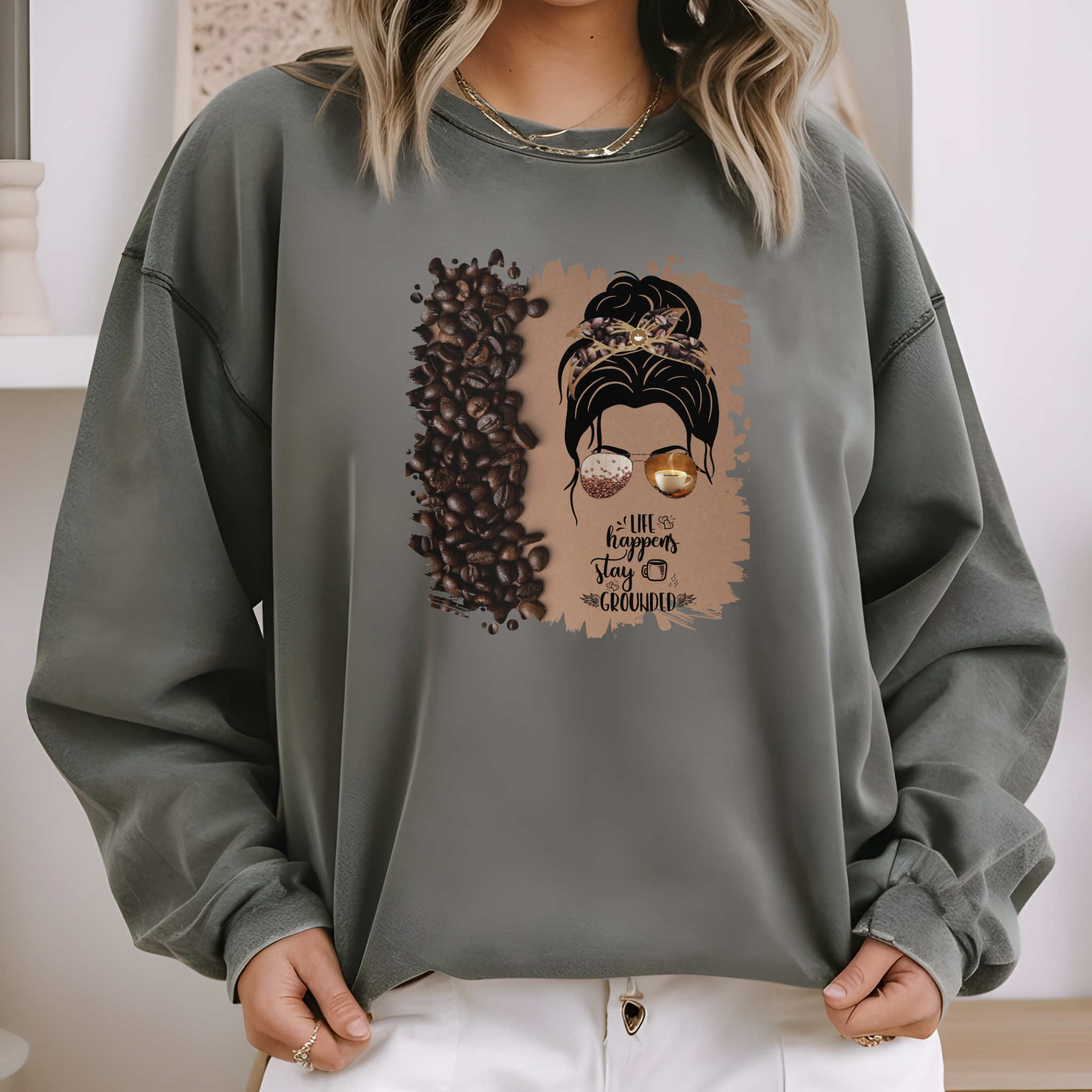 Stay Grounded, Coffee Beans Shade, Dark Hair Messy Bun, Unisex Lightweight Crewneck Sweatshirt