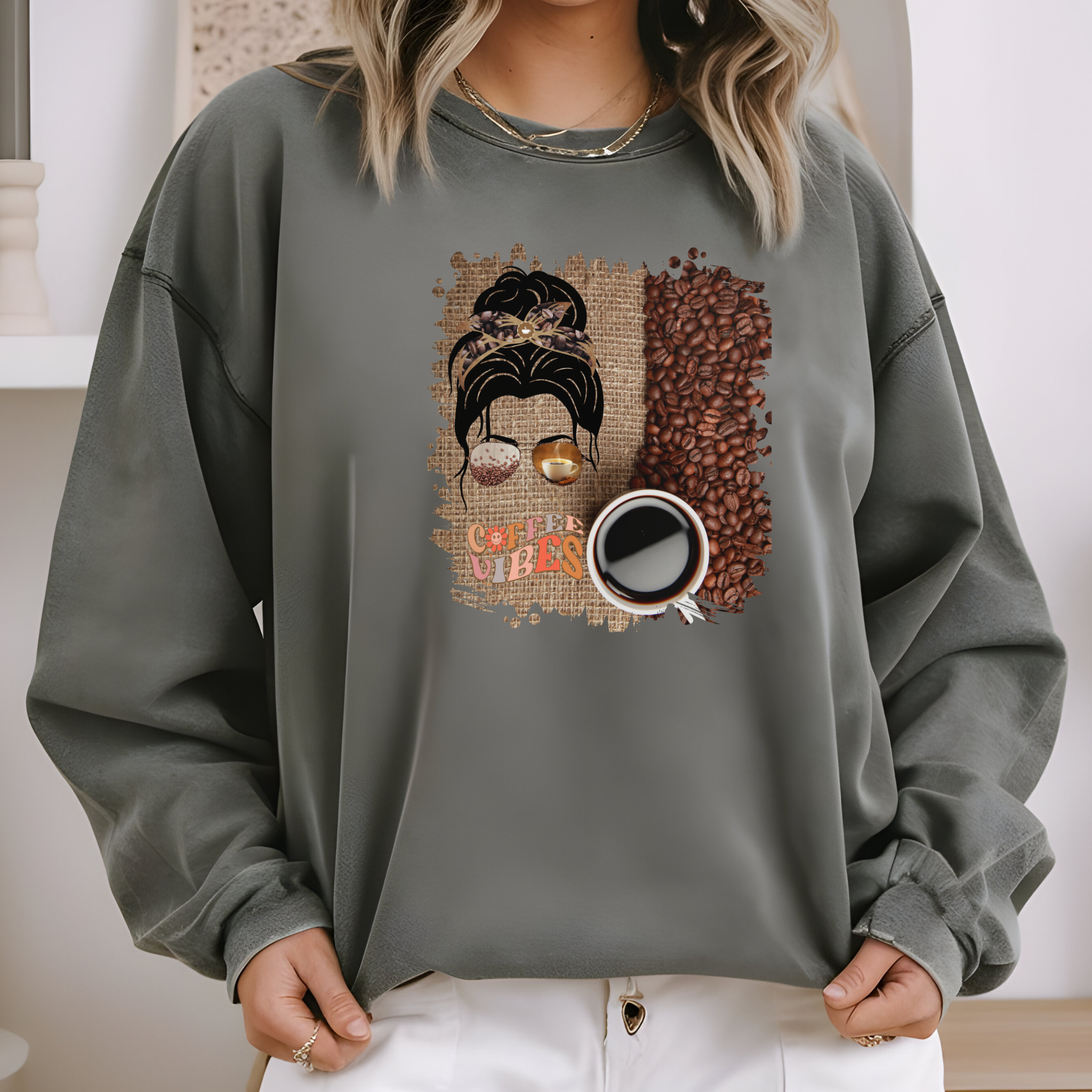 Coffee Vibes, Coffee Beans Bag, Dark Hair Messy Bun, Unisex Lightweight Crewneck Sweatshirt
