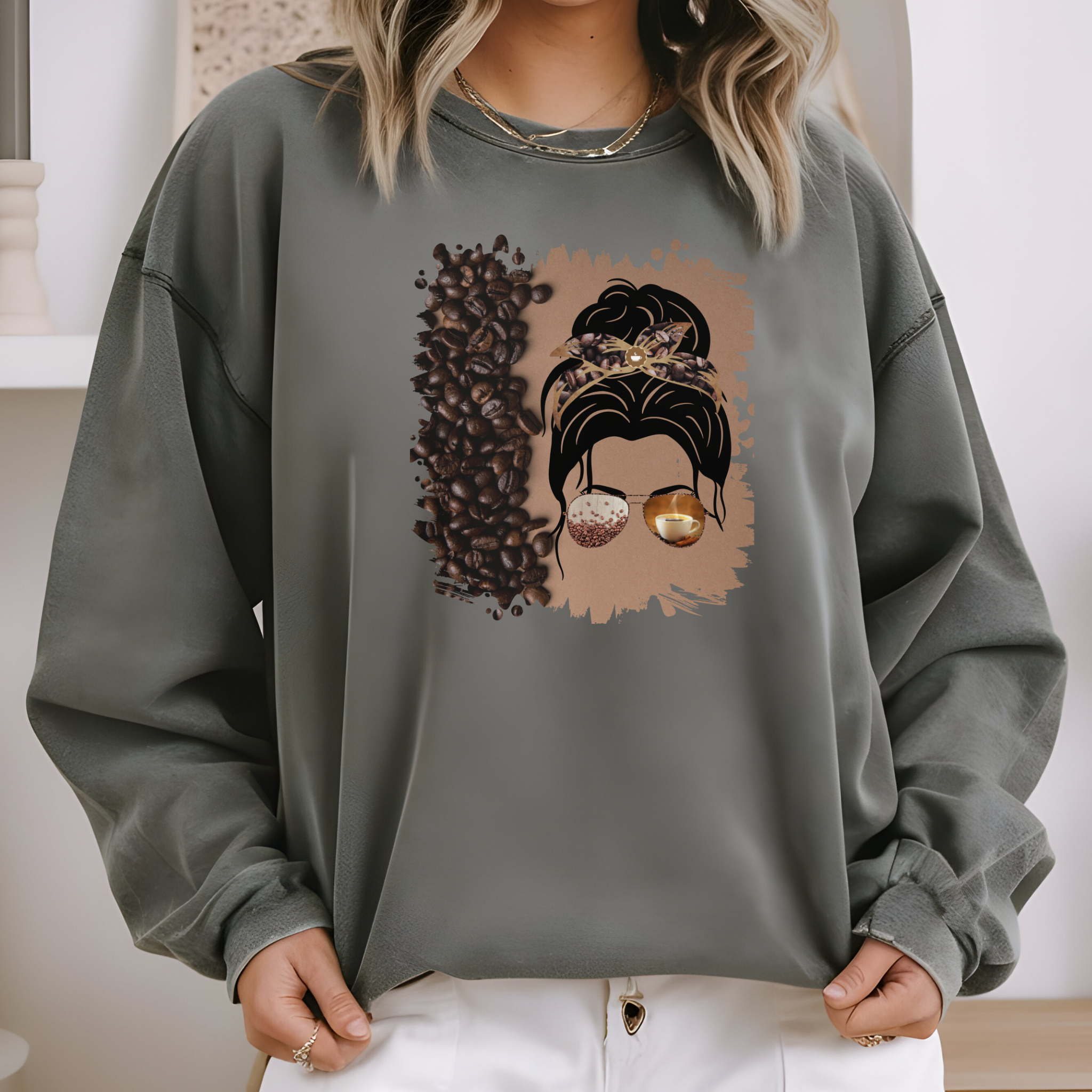 Coffee Beans Shade, Dark Hair Messy Bun, Unisex Lightweight Crewneck Sweatshirt