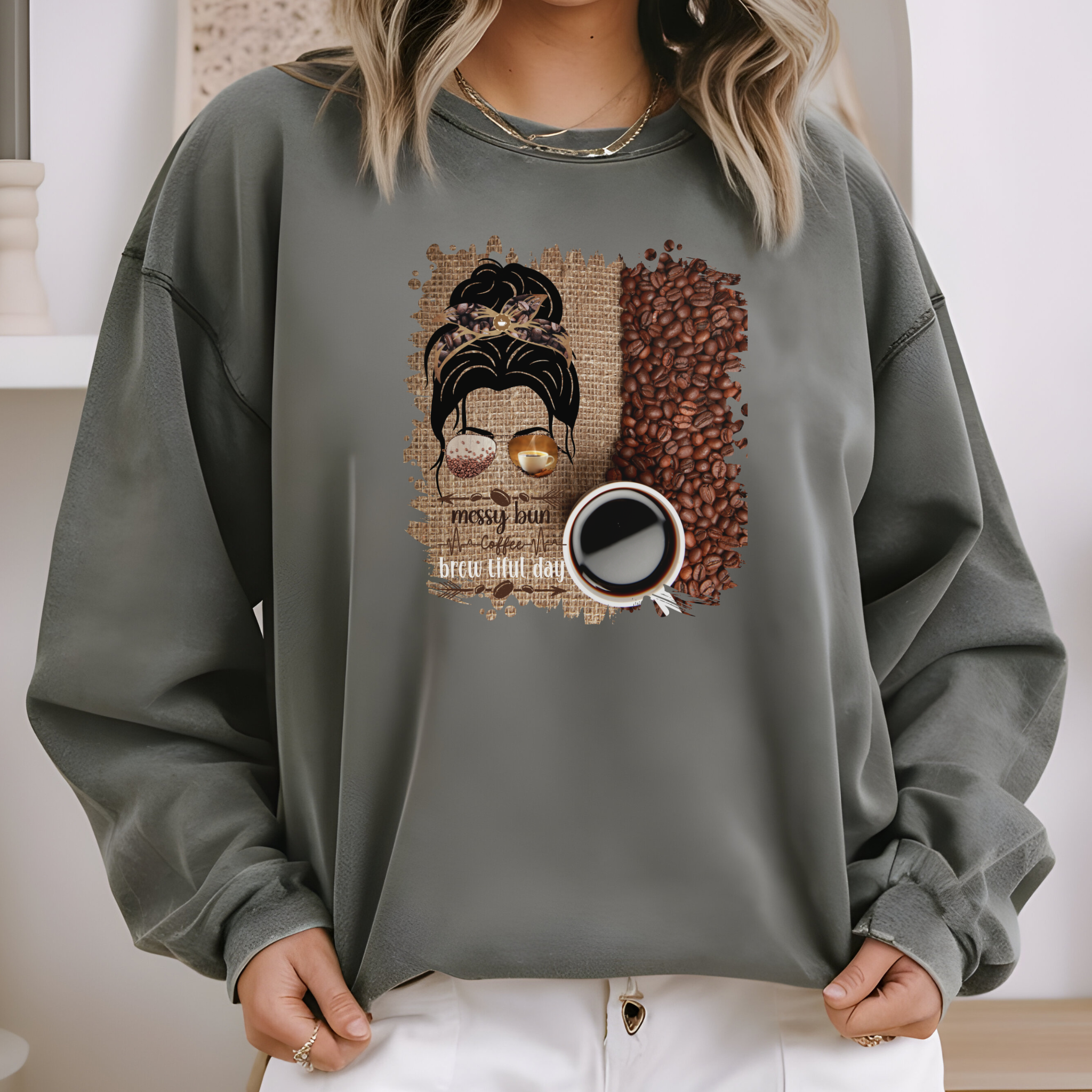 Coffee Heartbeat, Coffee Beans Bag, Dark Hair Messy Bun, Unisex Lightweight Crewneck Sweatshirt