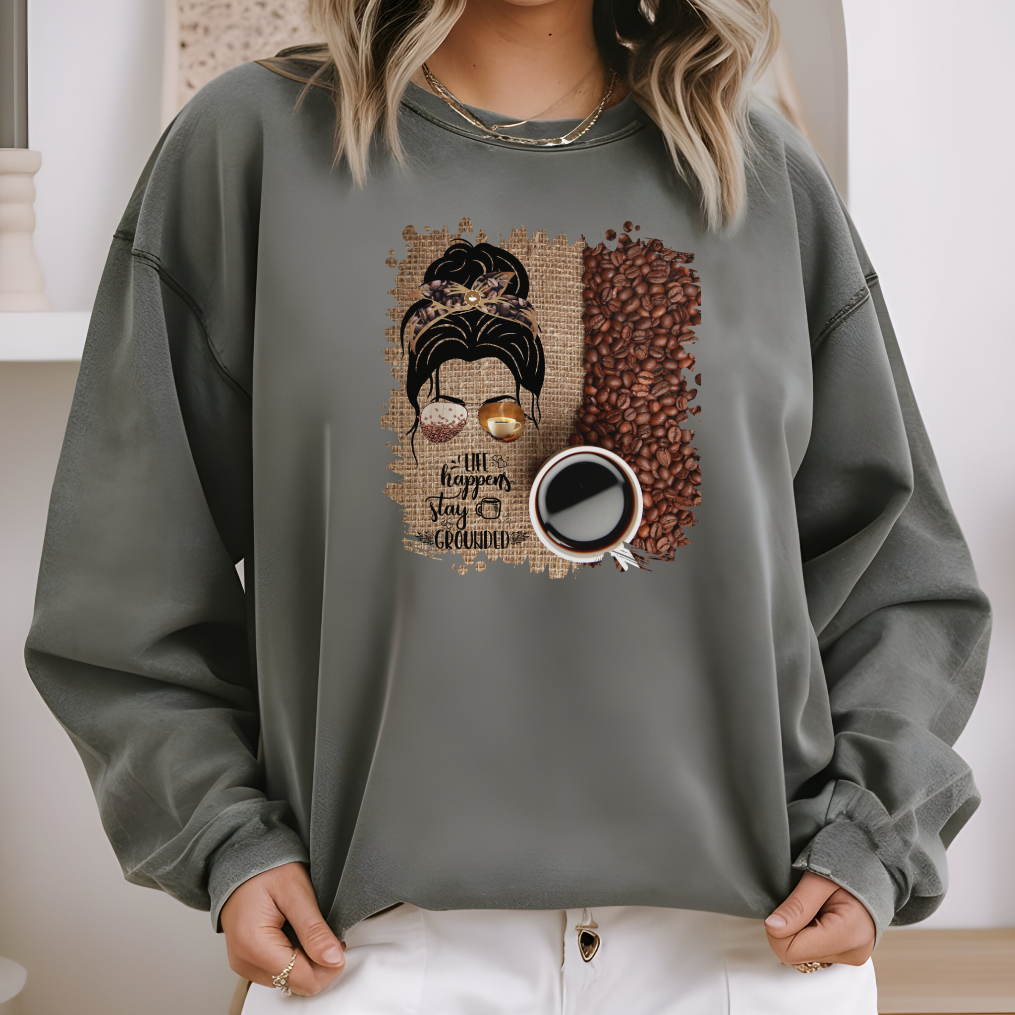 Stay Grounded, Coffee Beans Bag, Dark Hair Messy Bun, Unisex Lightweight Crewneck Sweatshirt