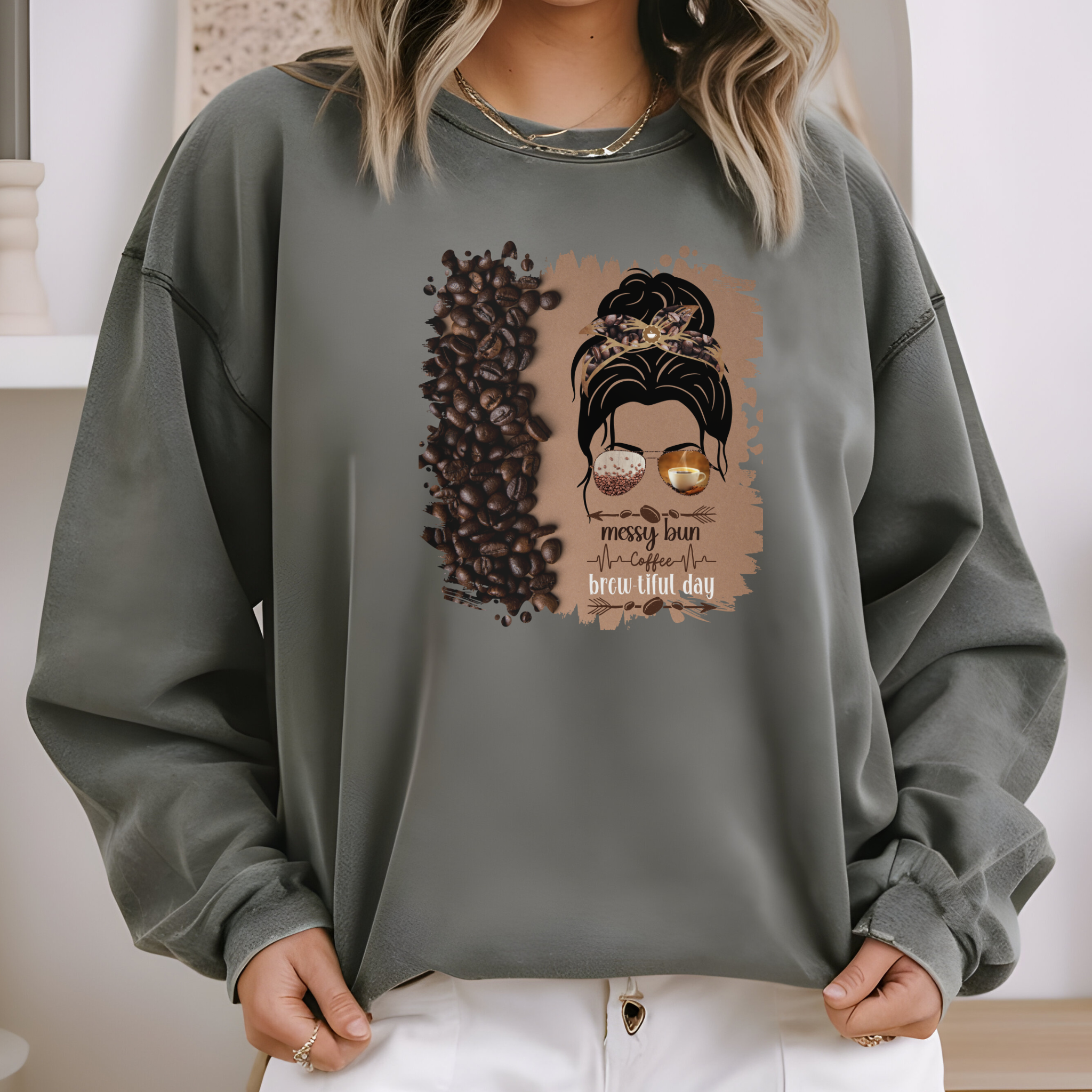 Messy Bun Coffee Heartbeat, Coffee Beans Shade, Dark Hair Messy Bun, Unisex Lightweight Crewneck Sweatshirt