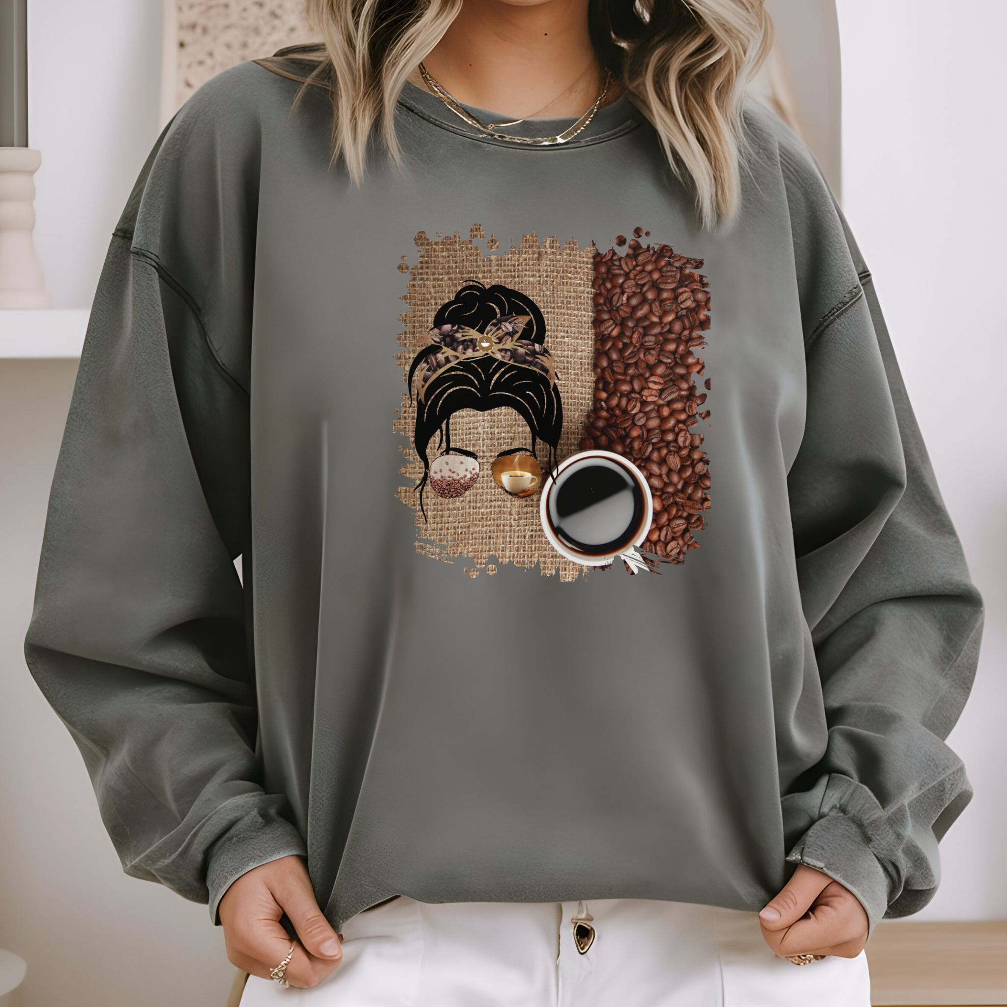 Coffee Beans Bag, Dark Hair Messy Bun, Unisex Lightweight Crewneck Sweatshirt