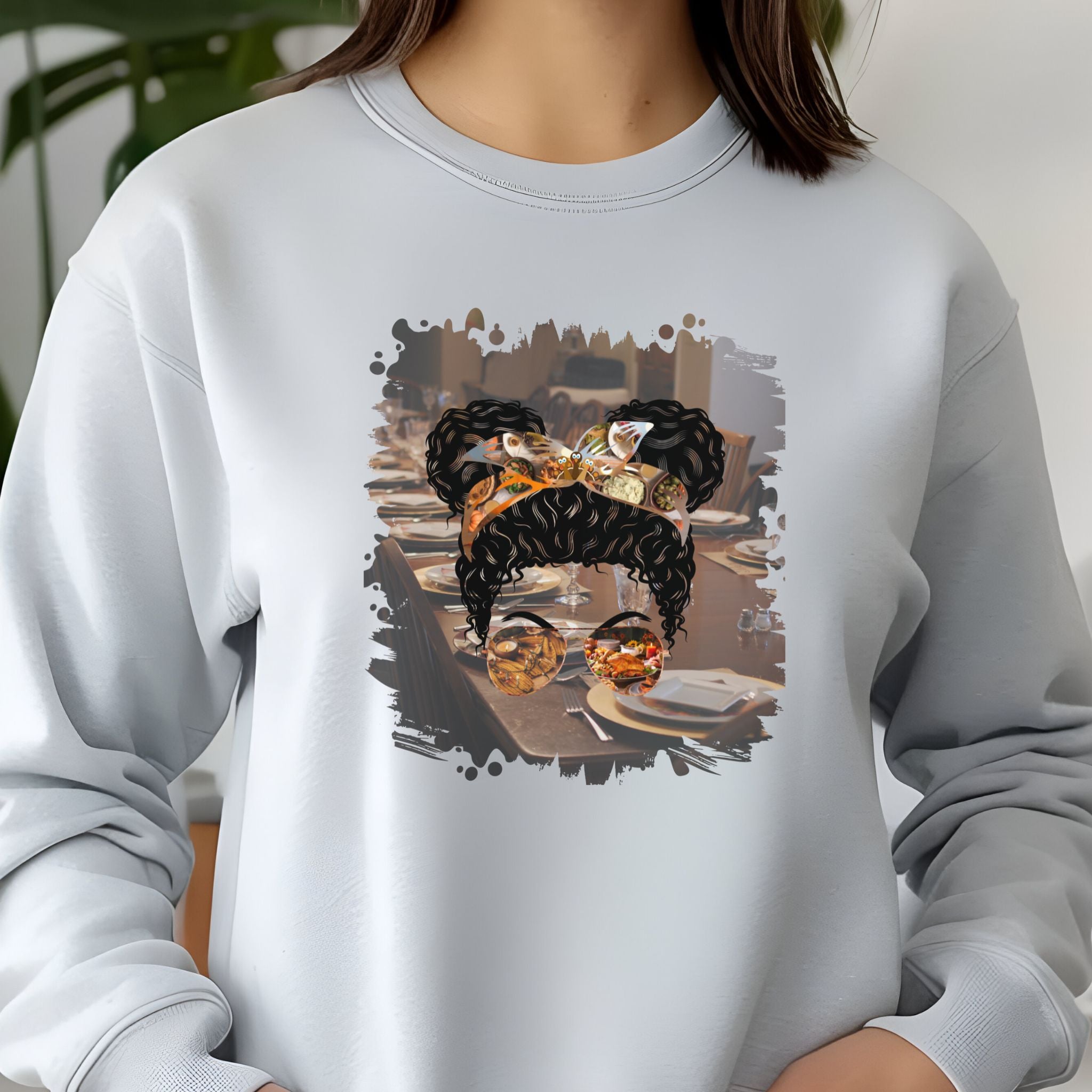 Table Setting, Black Hair Messy Bun, Unisex Jersey Long Sleeve Tee