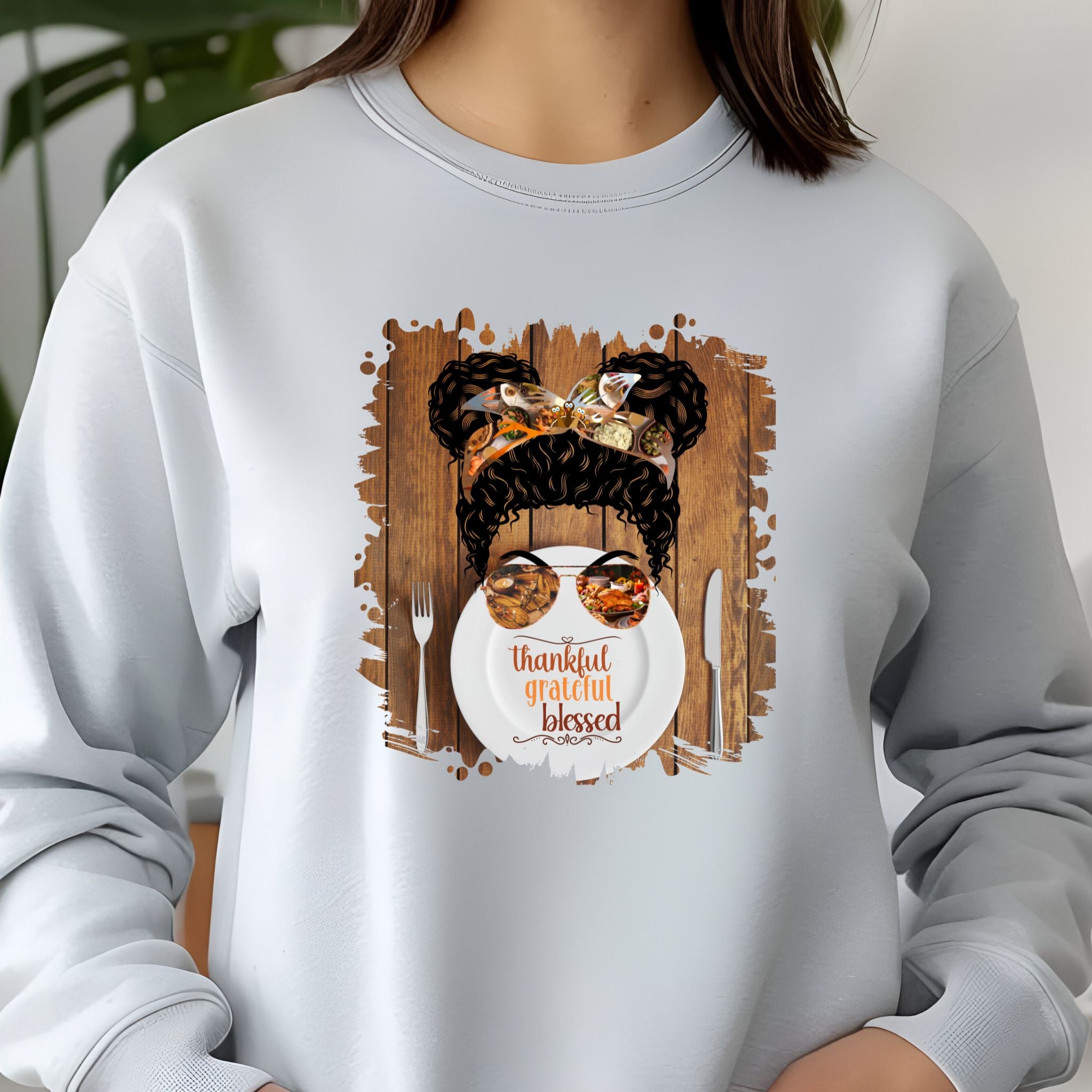 Thankful Grateful Blessed Plate Setting, Black Hair Messy Bun, Unisex Jersey Long Sleeve Tee