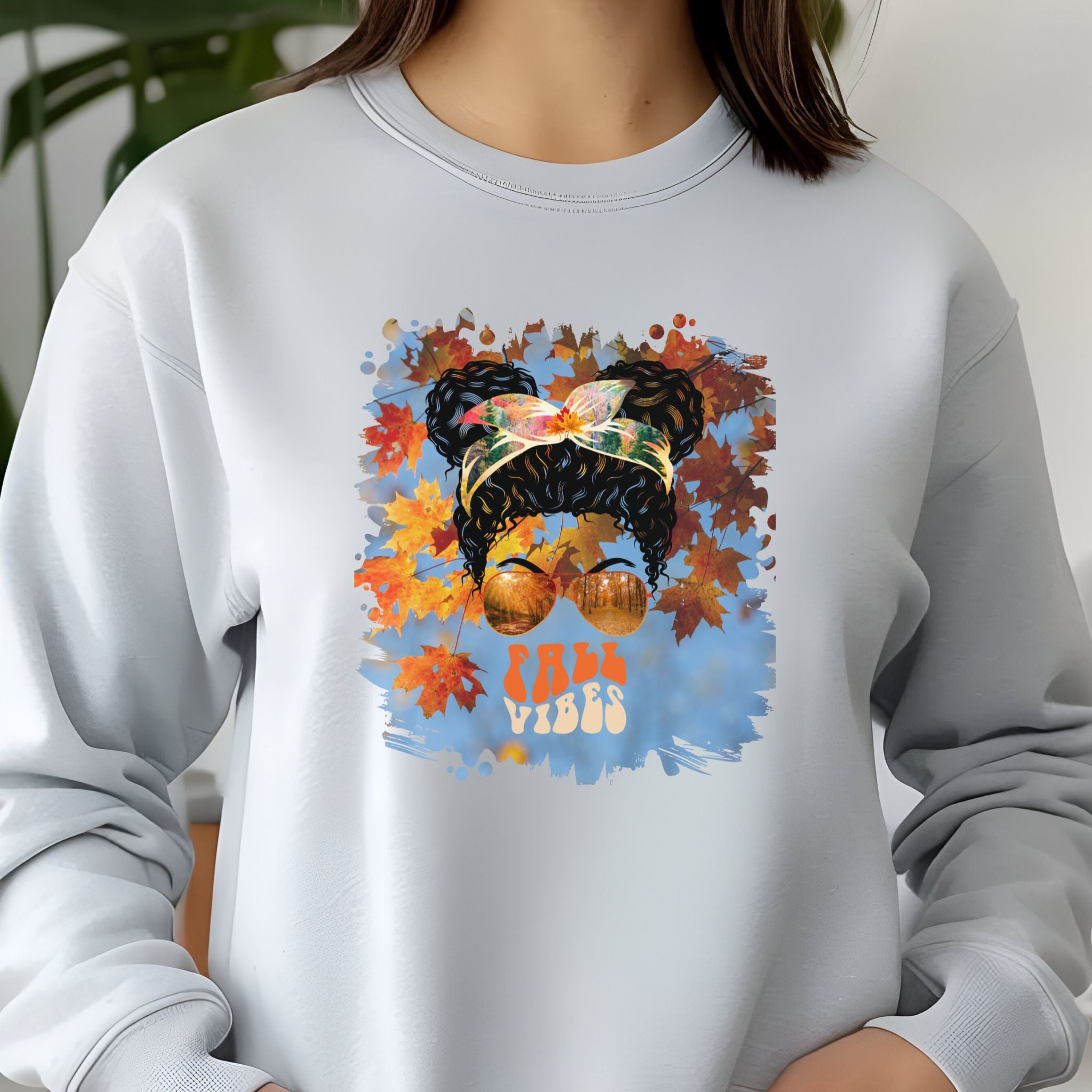 Fall Vibes Fall Sky, Black Hair Messy Bun, Unisex Jersey Long Sleeve Tee