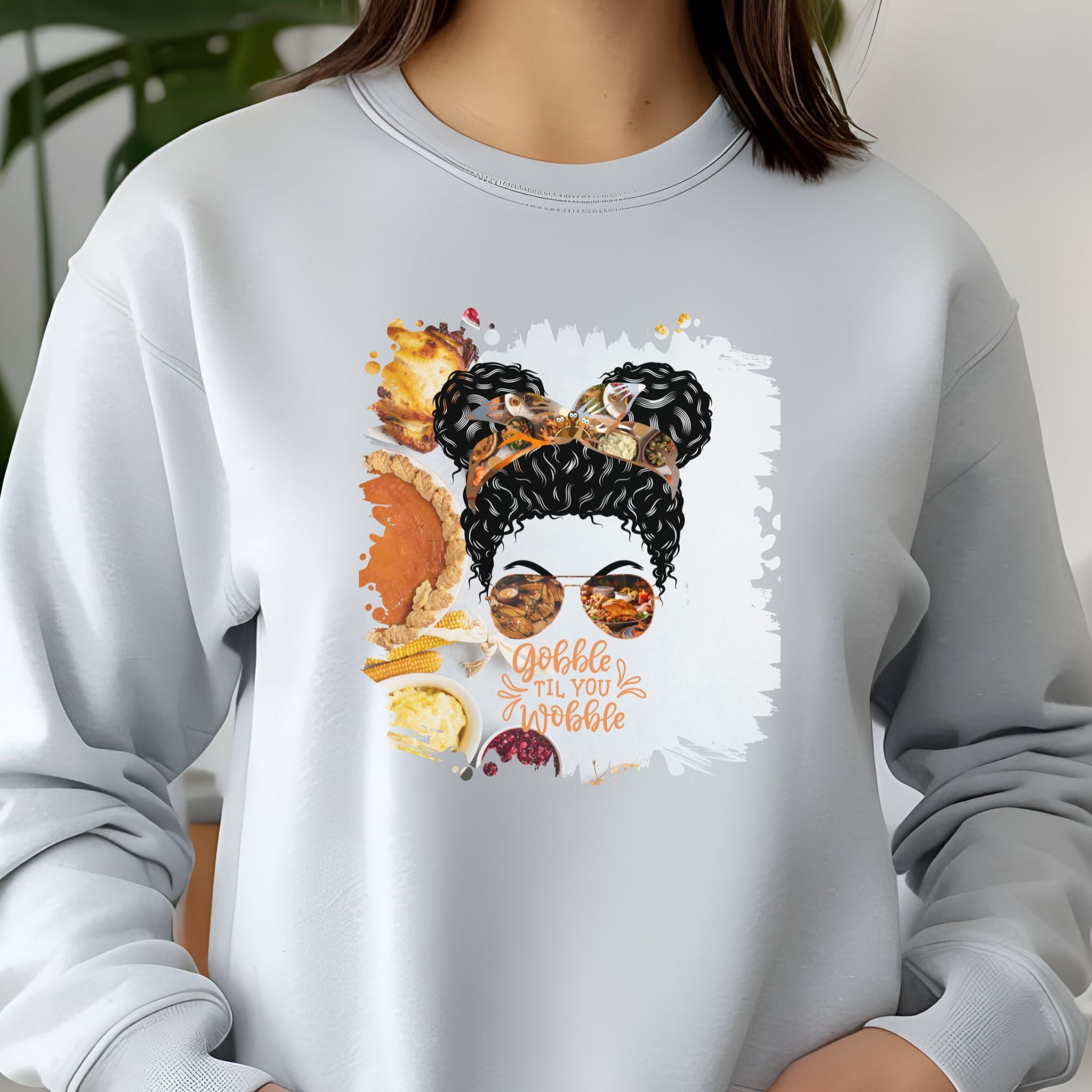 Gobble til You Wobble Thanksgiving Pie, Black Hair Messy Bun, Unisex Jersey Long Sleeve Tee