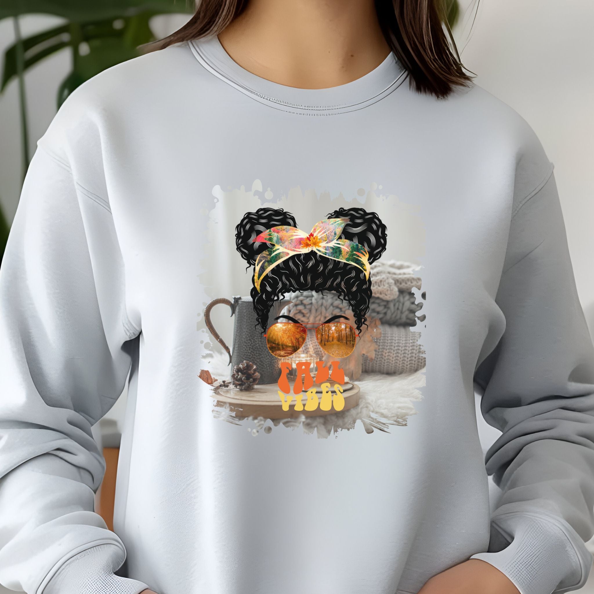 Fall Vibes Fall Sweater, Black Hair Messy Bun, Unisex Jersey Long Sleeve Tee