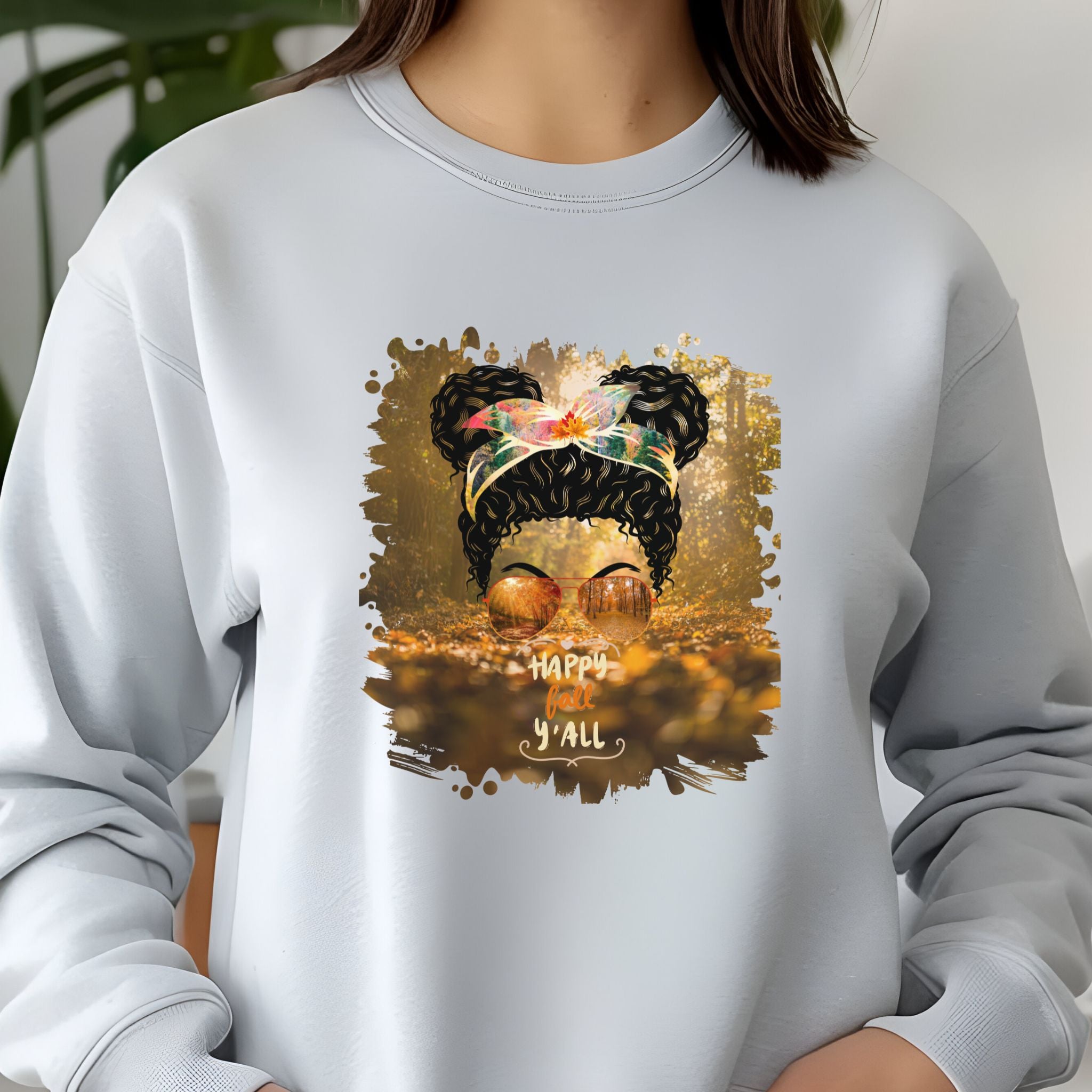 Happy Fall Y'all Fall Forest, Black Hair Messy Bun, Unisex Jersey Long Sleeve Tee