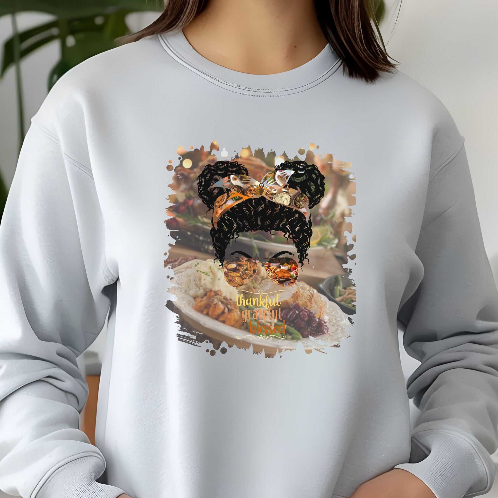 Thankful Grateful Blessed Thanksgiving Dinner, Black Hair Messy Bun, Unisex Jersey Long Sleeve Tee