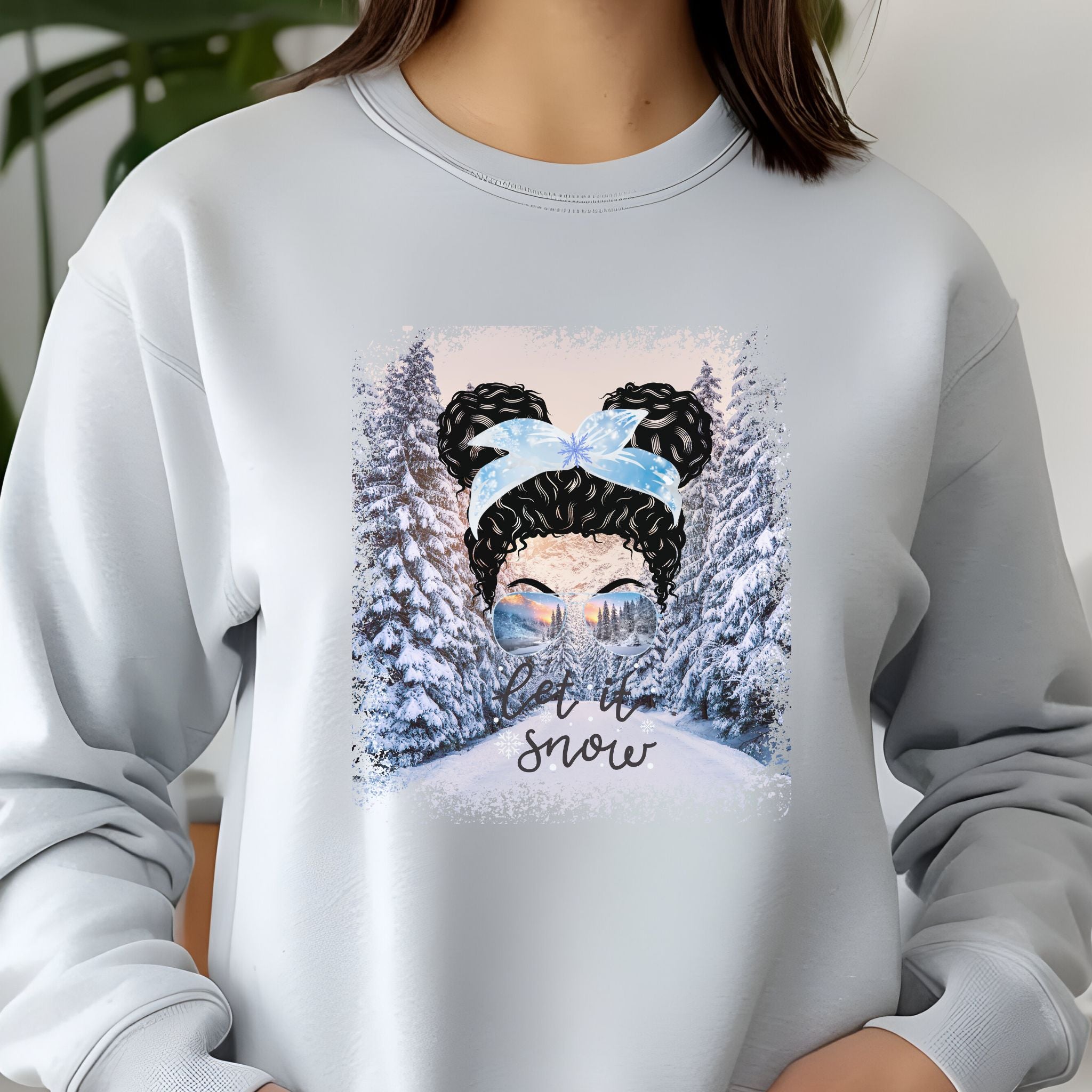 Let it Snow Winter Trail, Black Hair Messy Bun, Unisex Jersey Long Sleeve Tee