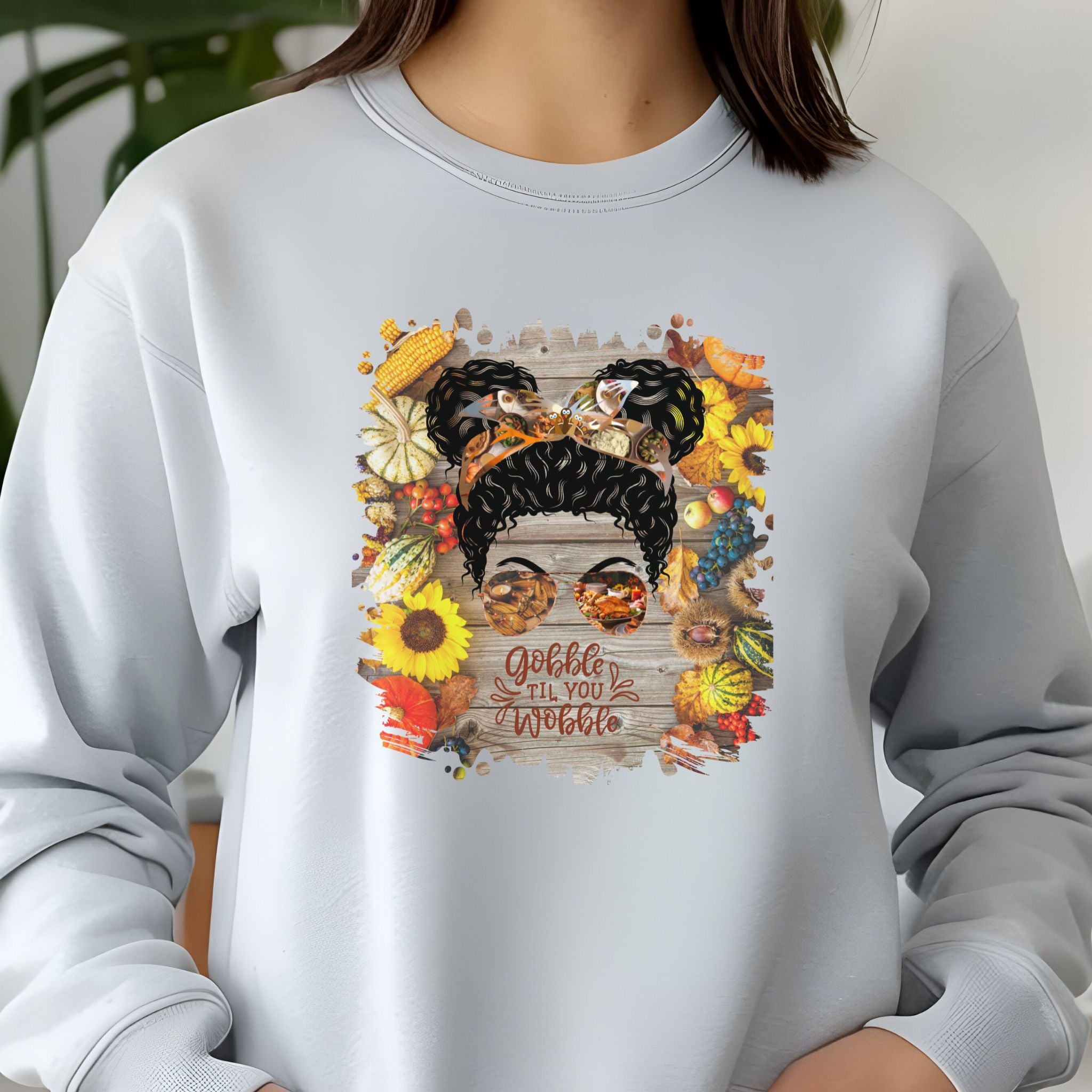 Gobble til You Wobble Decorated Background, Black Hair Messy Bun, Unisex Jersey Long Sleeve Tee