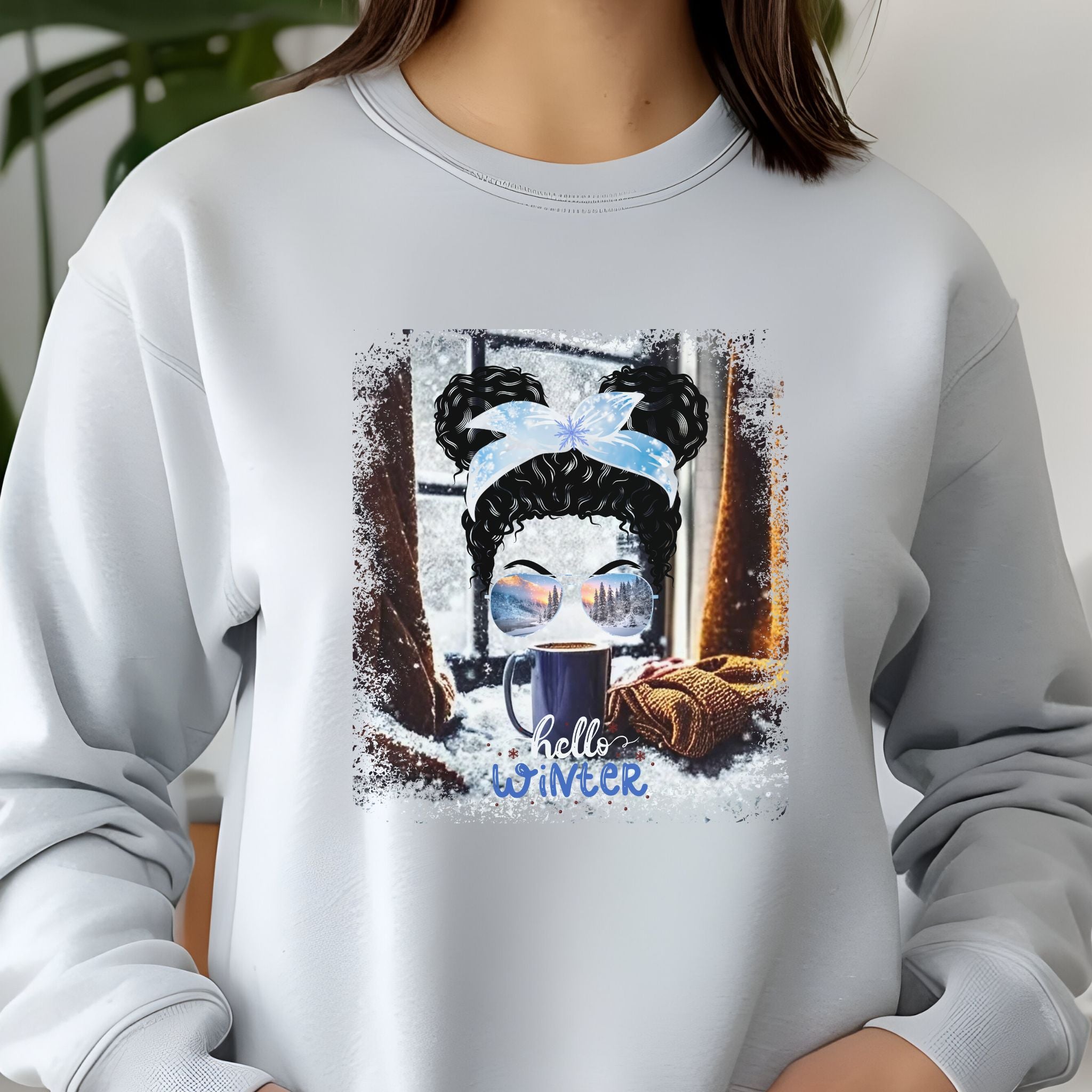 Hello Winter, Winter Home, Black Hair Messy Bun, Unisex Jersey Long Sleeve Tee