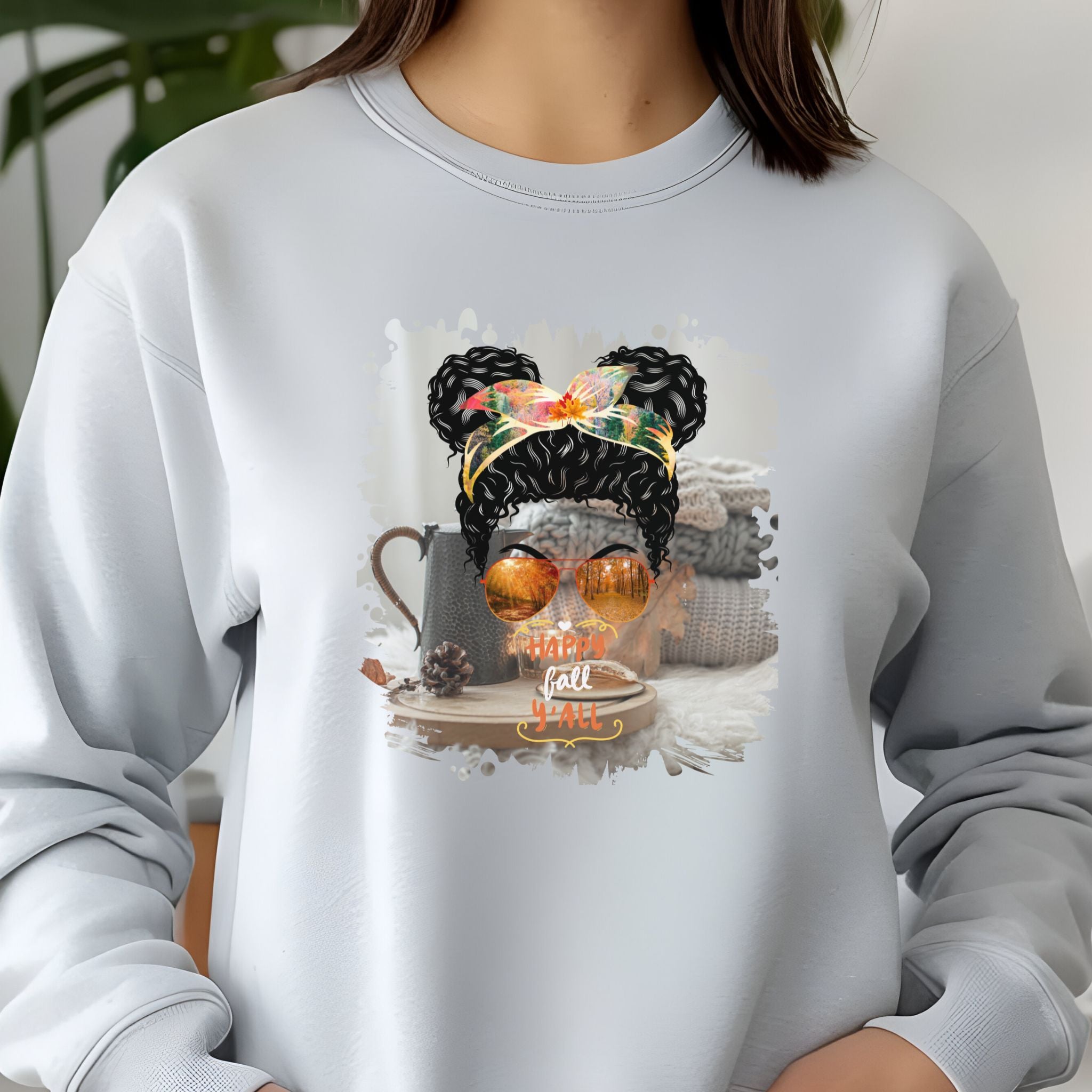 Happy Fall Y'all Fall Sweater, Black Hair Messy Bun, Unisex Jersey Long Sleeve Tee