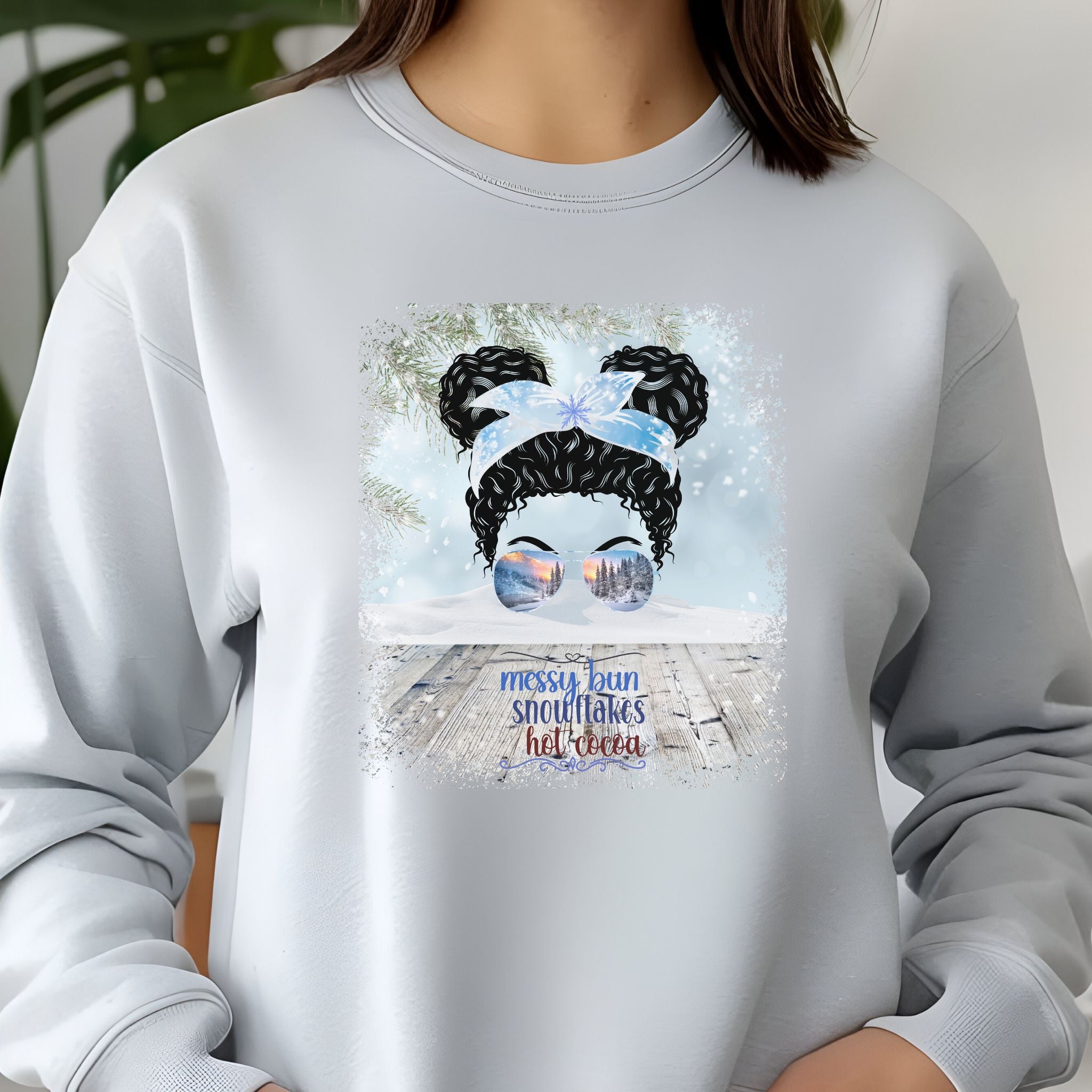 Messy Bun Winter Snowy Porch, Black Hair Messy Bun, Unisex Jersey Long Sleeve Tee