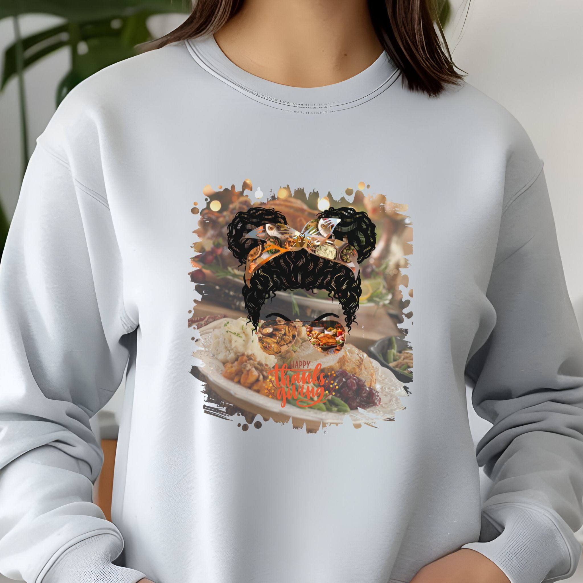 Happy Thanksgiving Thanksgiving Dinner, Black Hair Messy Bun, Unisex Jersey Long Sleeve Tee