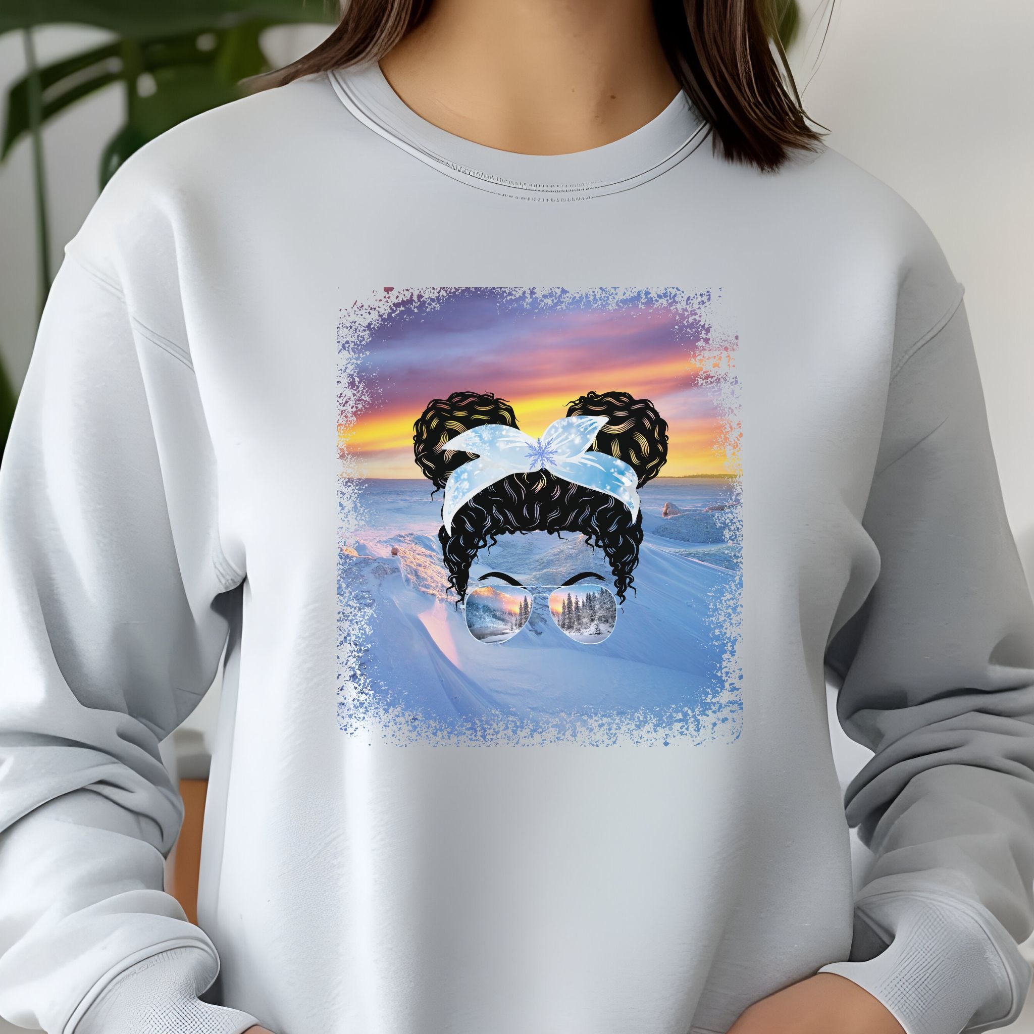 Winter Mountain, Black Hair Messy Bun, Unisex Jersey Long Sleeve Tee