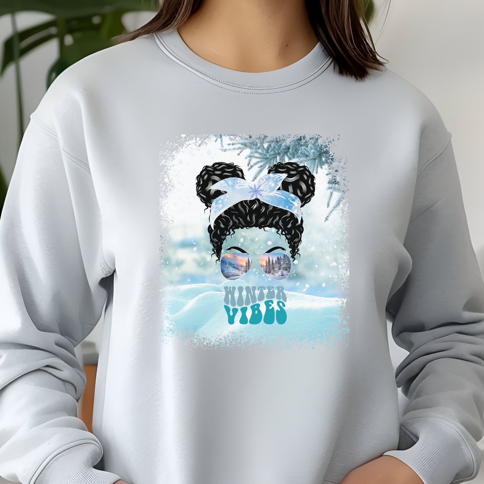 Winter Vibes Snow, Black Hair Messy Bun, Unisex Jersey Long Sleeve Tee