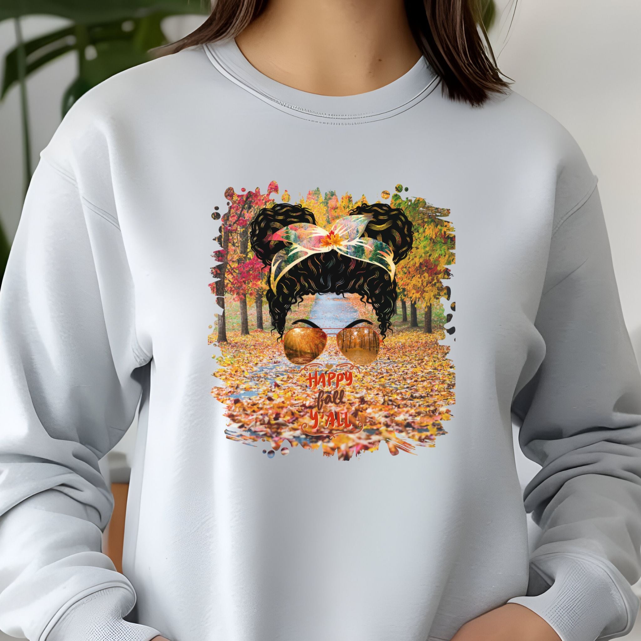 Happy Fall Y'all Fall Trail, Black Hair Messy Bun, Unisex Jersey Long Sleeve Tee