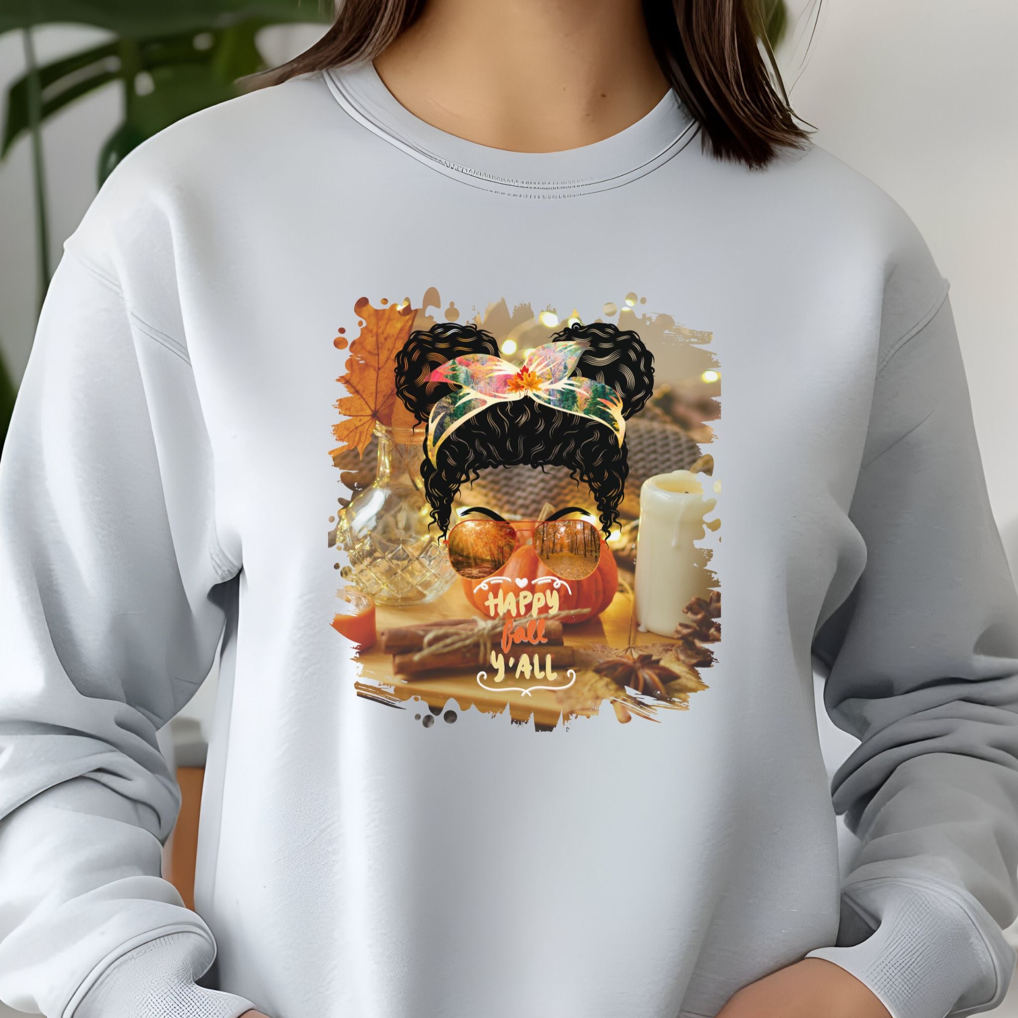 Happy Fall Y'all Fall Home, Black Hair Messy Bun, Unisex Jersey Long Sleeve Tee