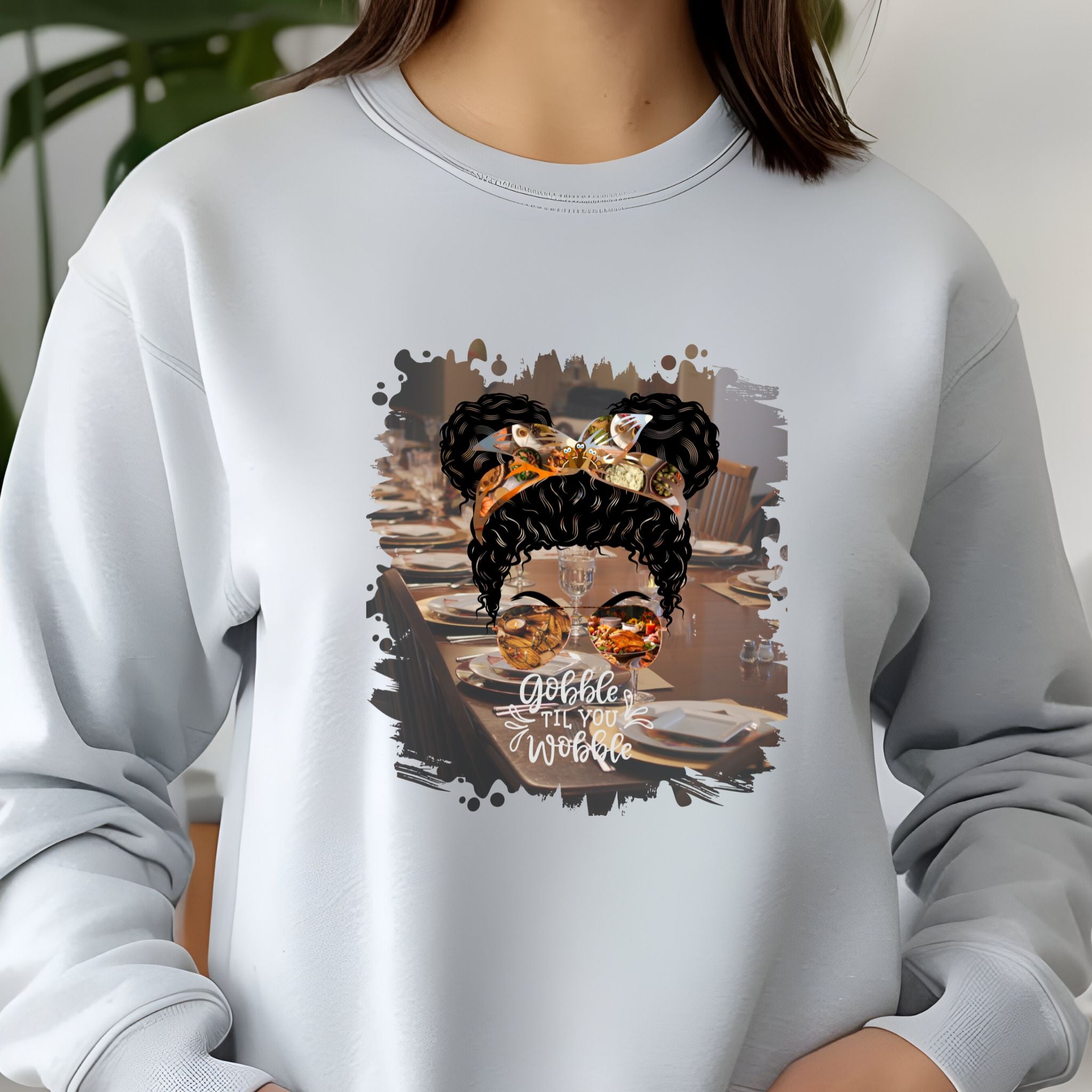 Gobble til You Wobble Table Setting, Black Hair Messy Bun, Unisex Jersey Long Sleeve Tee