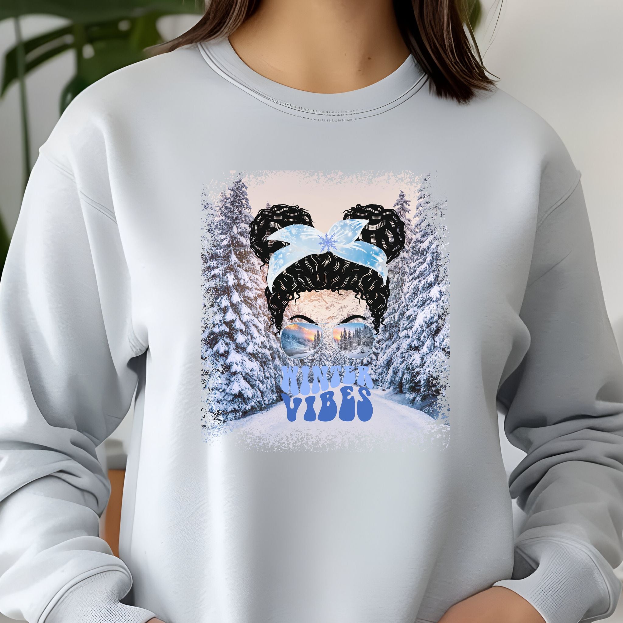 Winter Vibes Winter Trail, Black Hair Messy Bun, Unisex Jersey Long Sleeve Tee