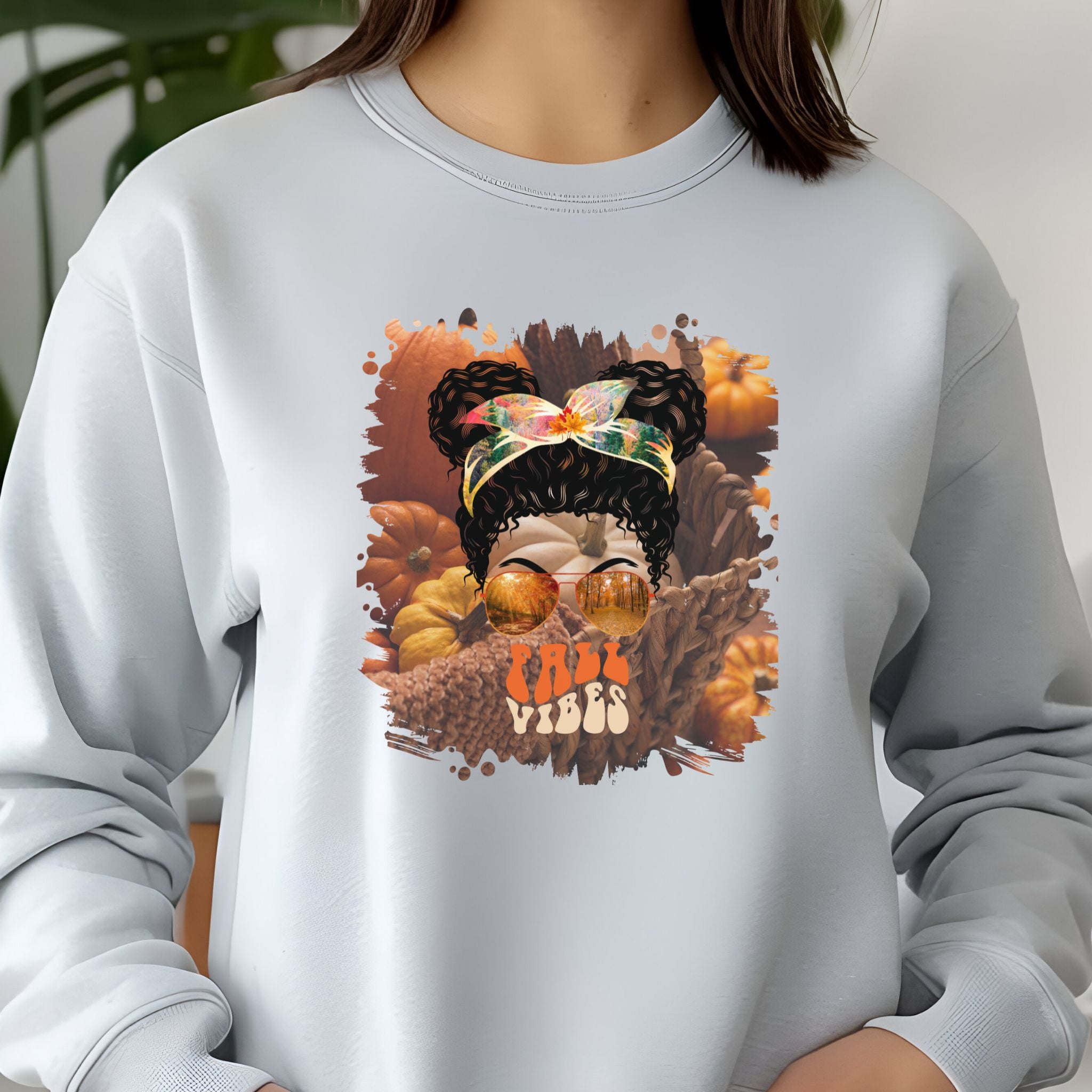 Fall Vibes Fall Pumpkins, Black Hair Messy Bun, Unisex Jersey Long Sleeve Tee