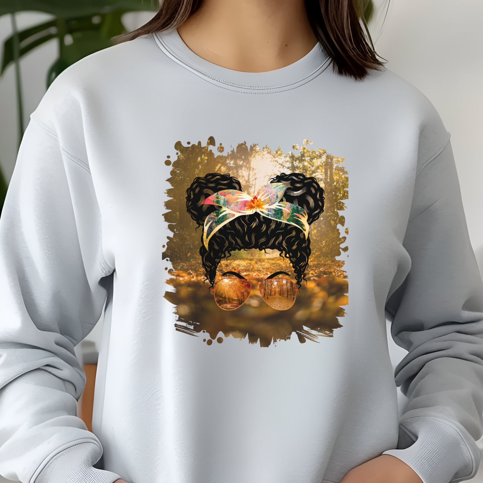 Fall Forest, Black Hair Messy Bun, Unisex Jersey Long Sleeve Tee