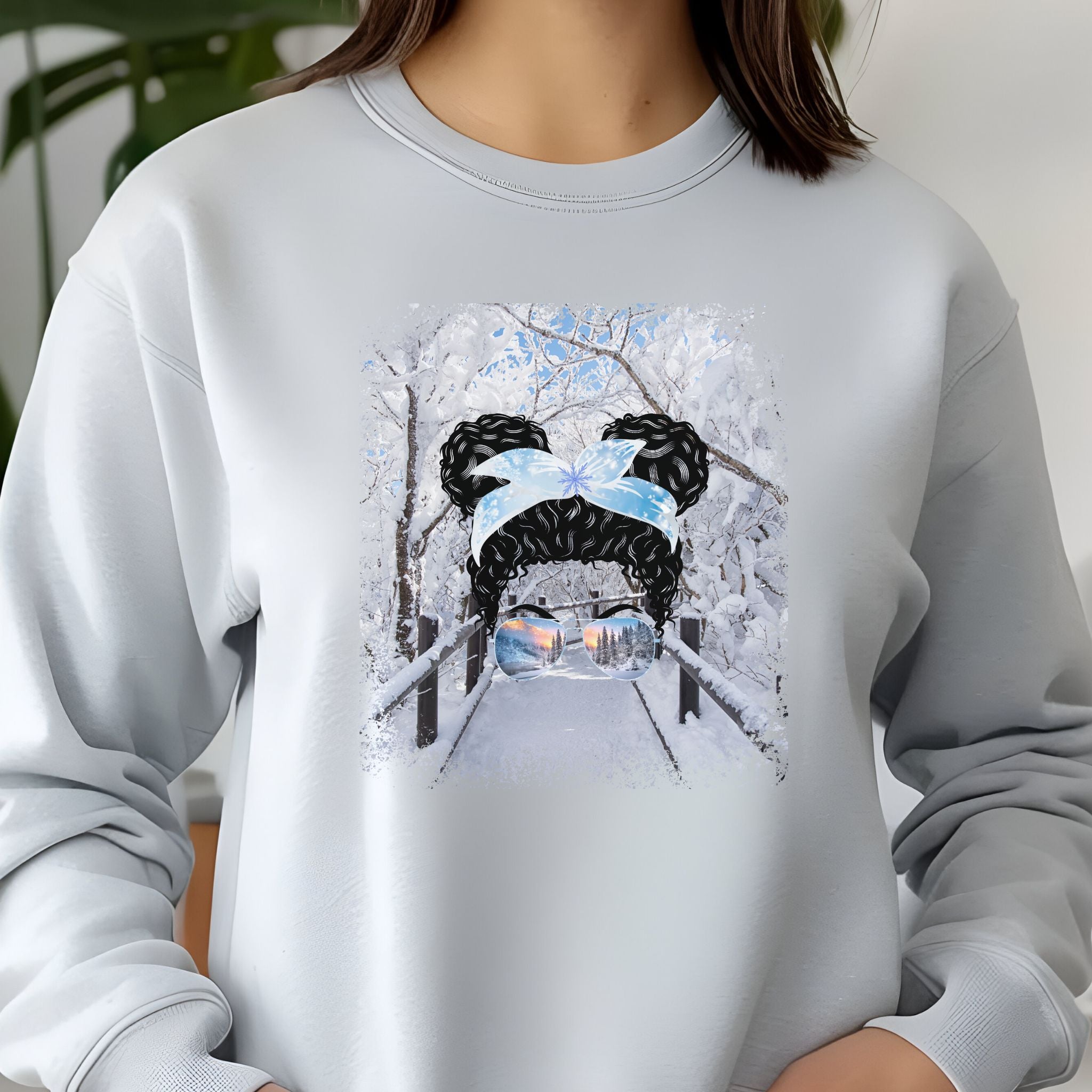 Winter Hike, Black Hair Messy Bun, Unisex Jersey Long Sleeve Tee