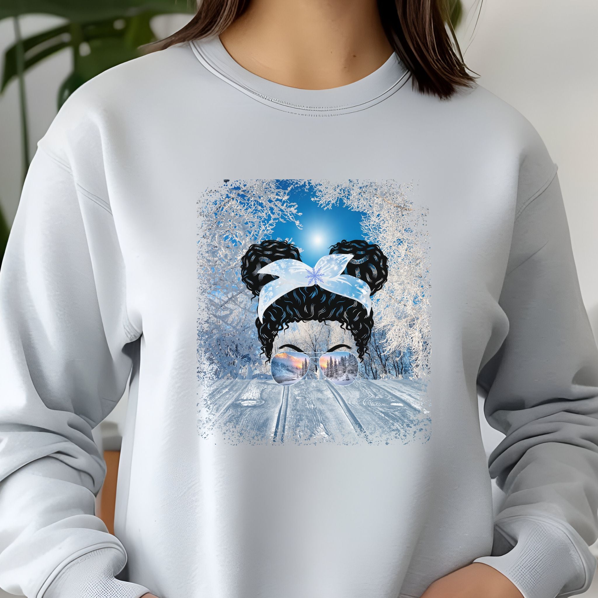 Winter Sunny Porch, Black Hair Messy Bun, Unisex Jersey Long Sleeve Tee