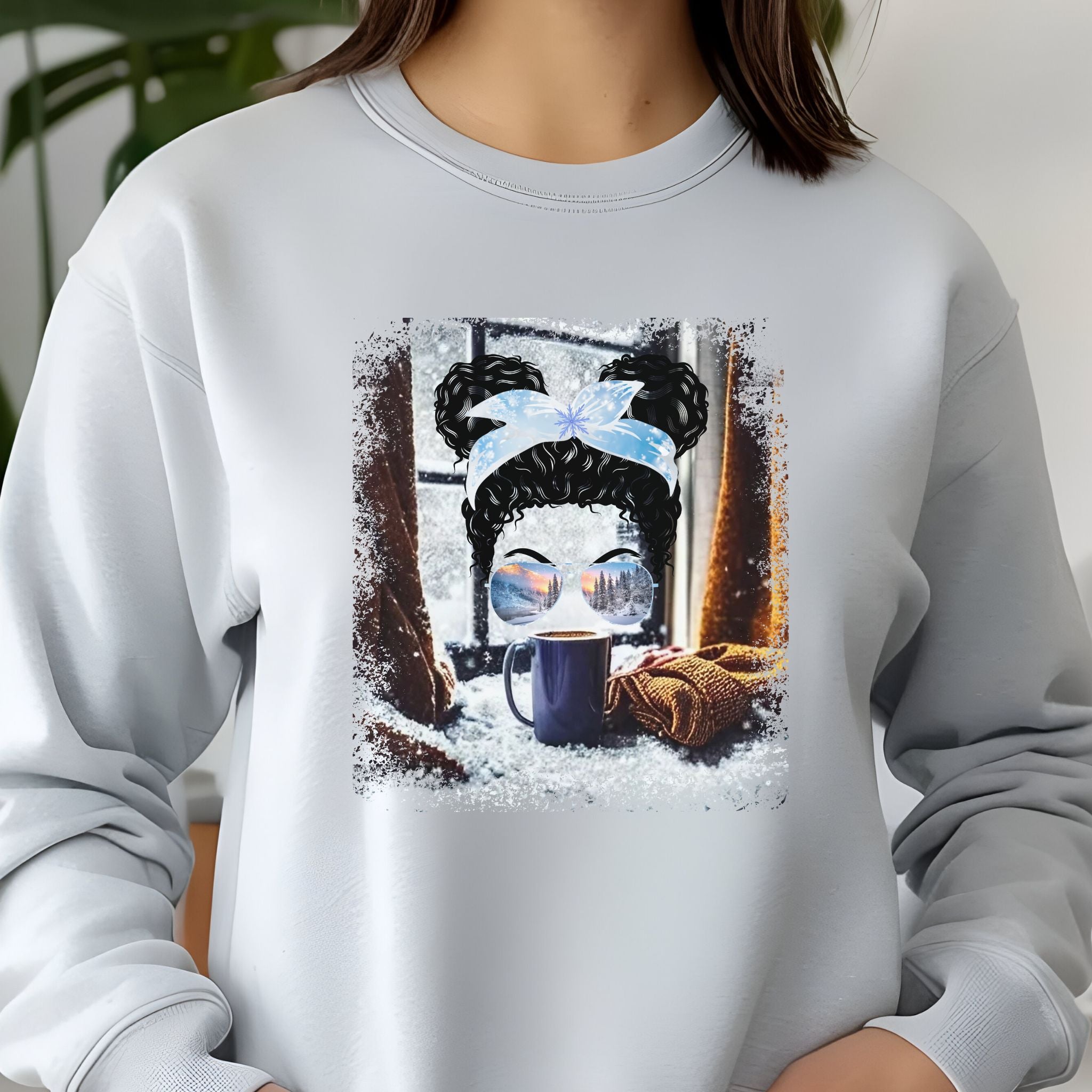 Winter Home, Black Hair Messy Bun, Unisex Jersey Long Sleeve Tee