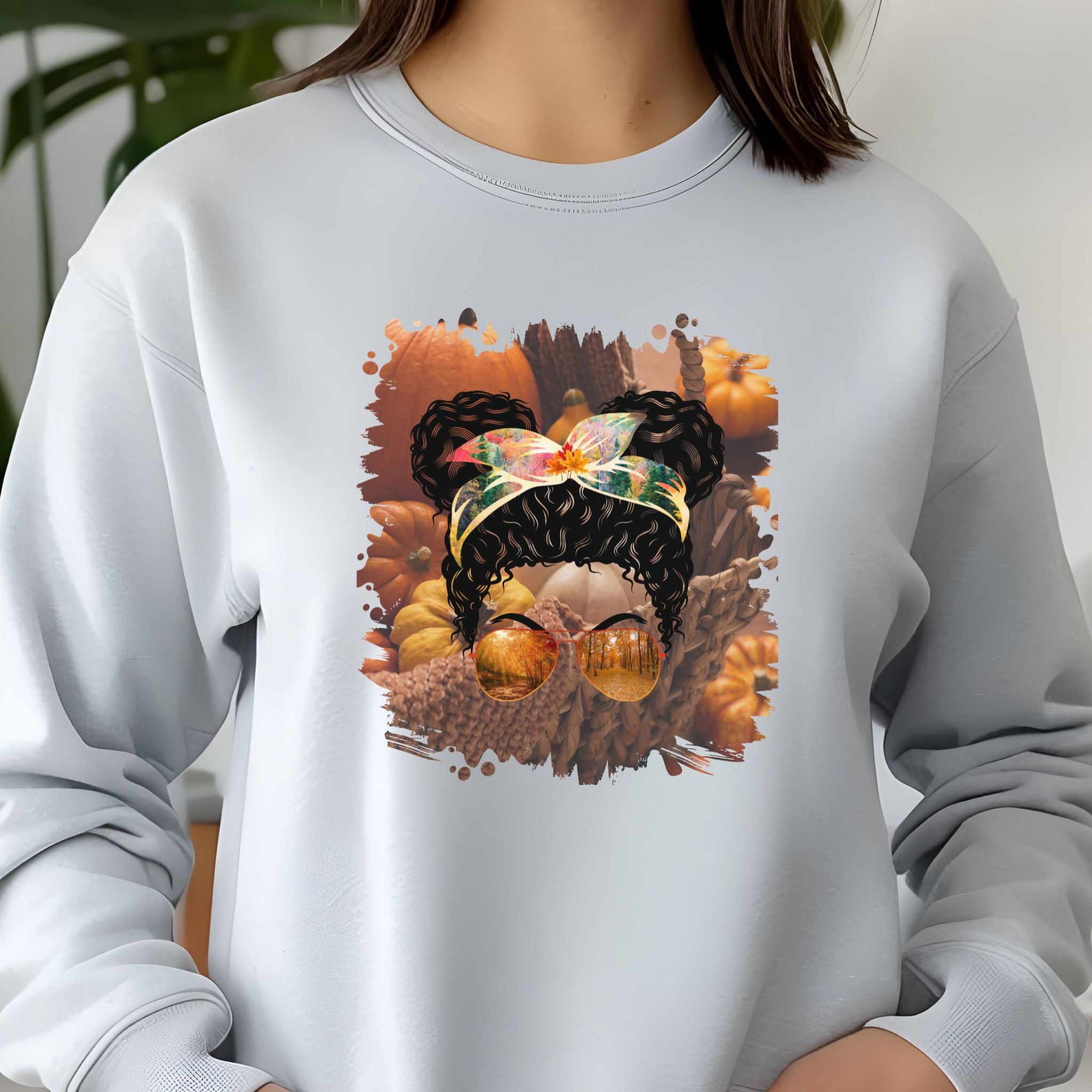 Fall Pumpkins, Black Hair Messy Bun, Unisex Jersey Long Sleeve Tee