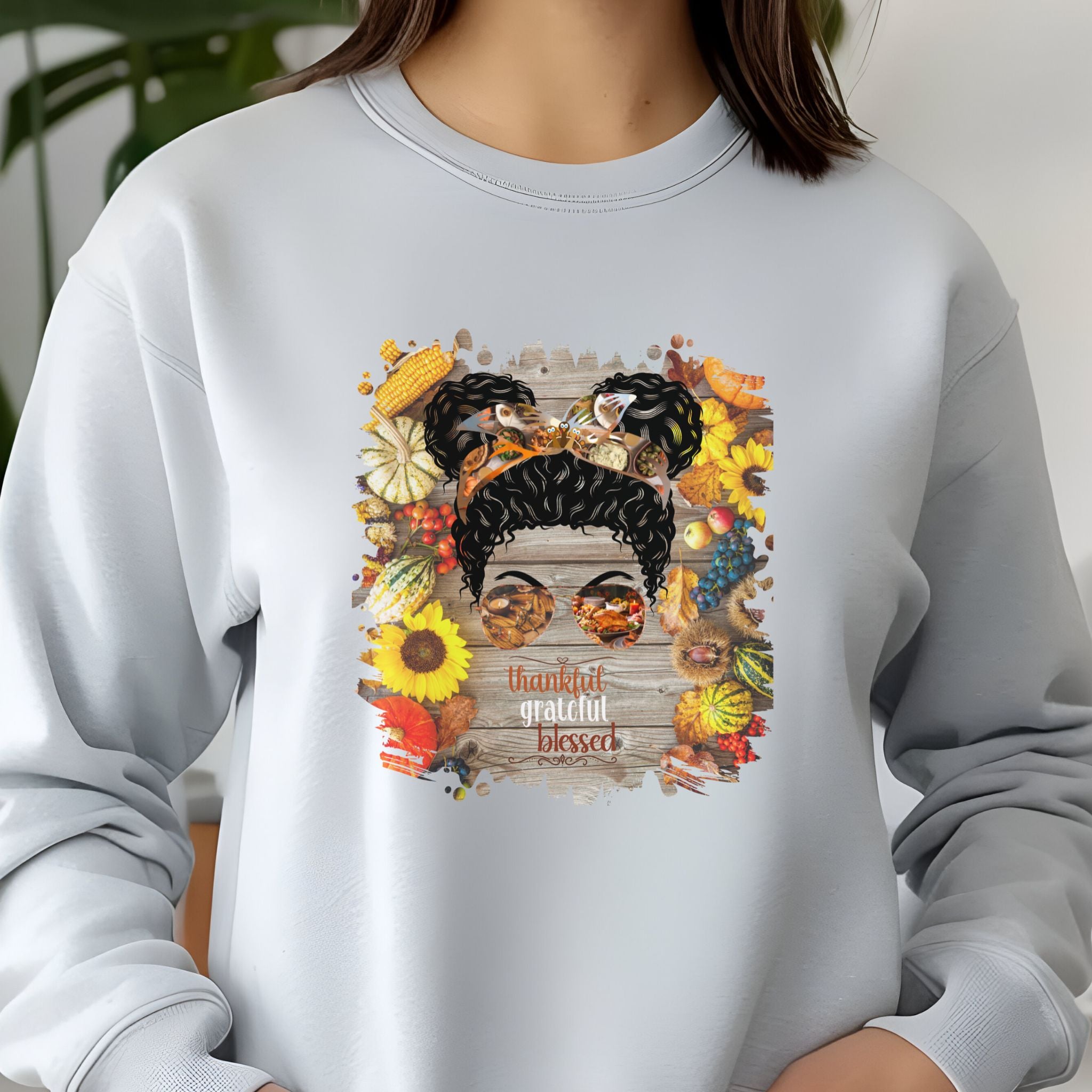 Thankful Grateful Blessed Decorated Background, Black Hair Messy Bun, Unisex Jersey Long Sleeve Tee