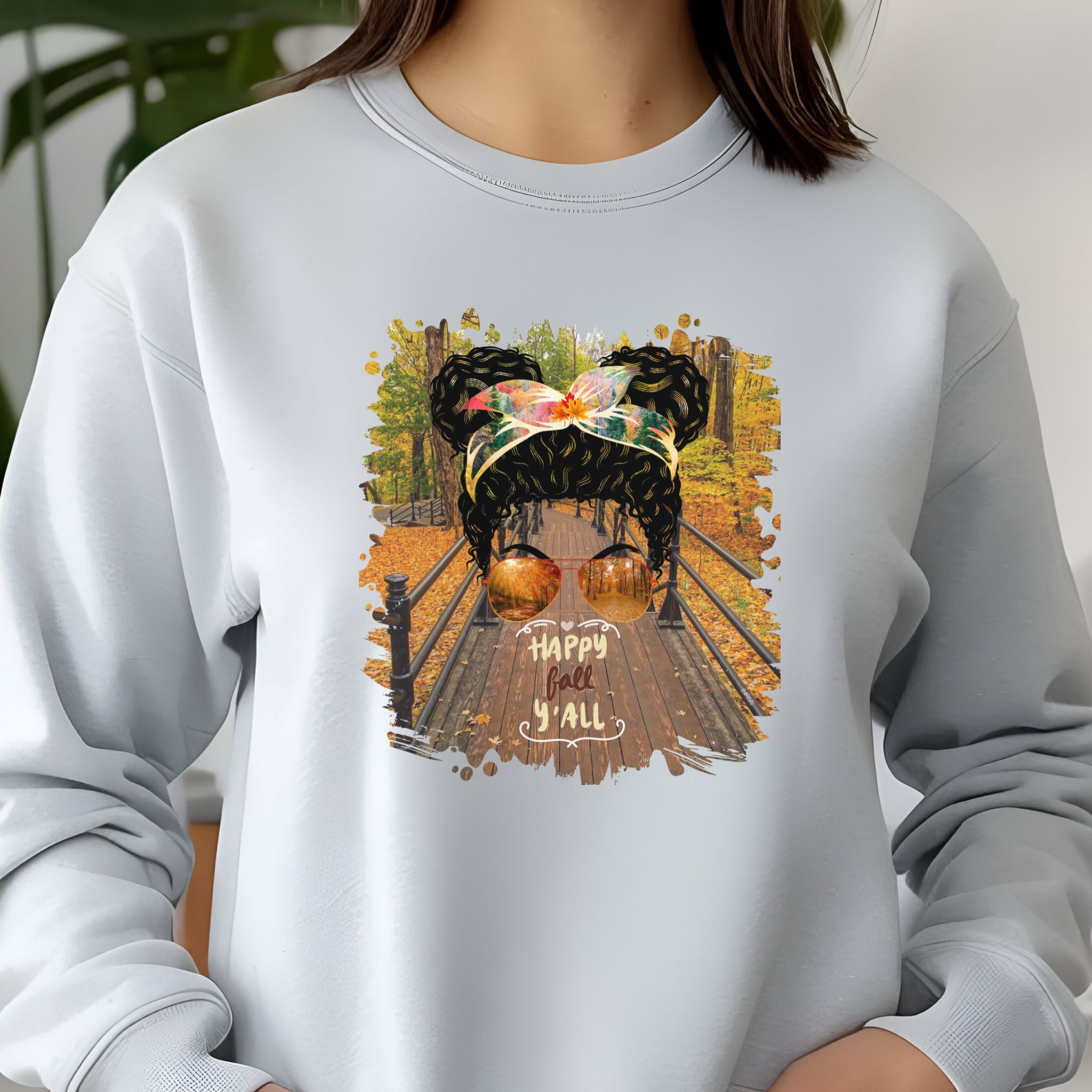 Happy Fall Y'all Fall Hike, Black Hair Messy Bun, Unisex Jersey Long Sleeve Tee