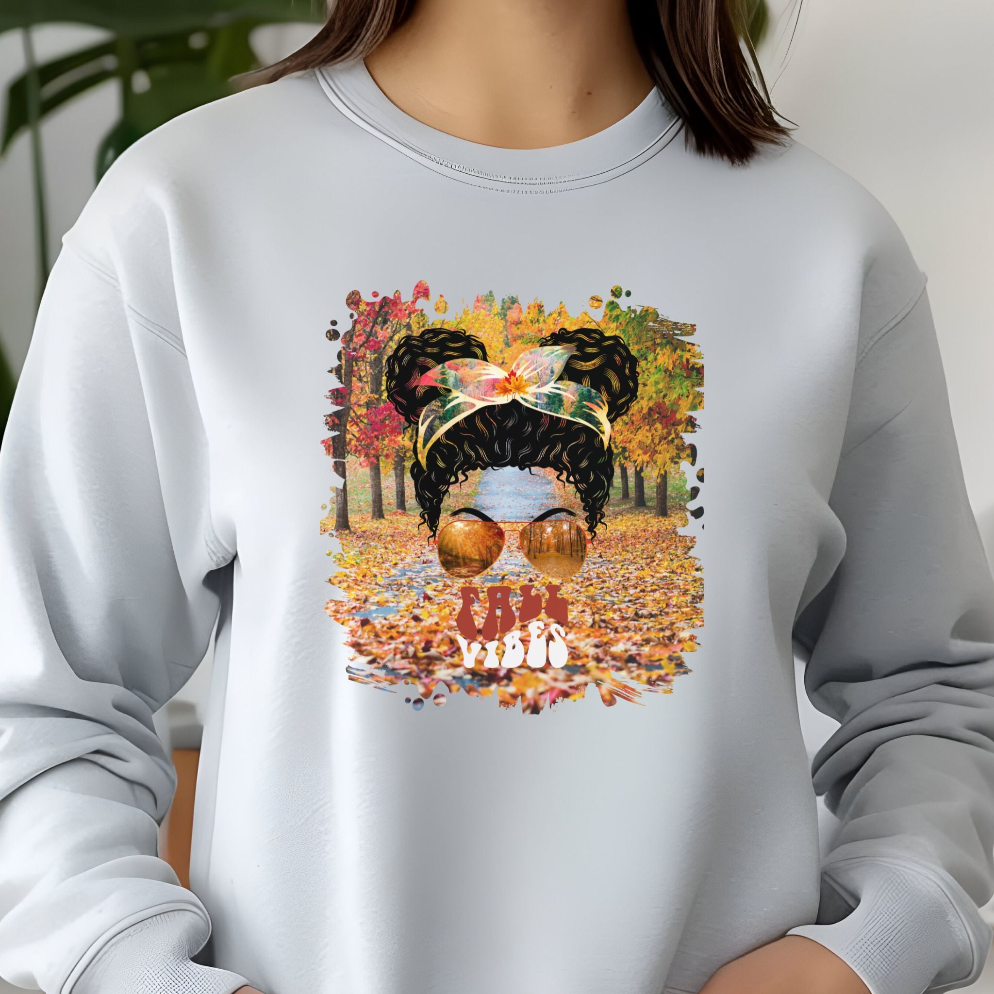 Fall Vibes Fall Trail, Black Hair Messy Bun, Unisex Jersey Long Sleeve Tee