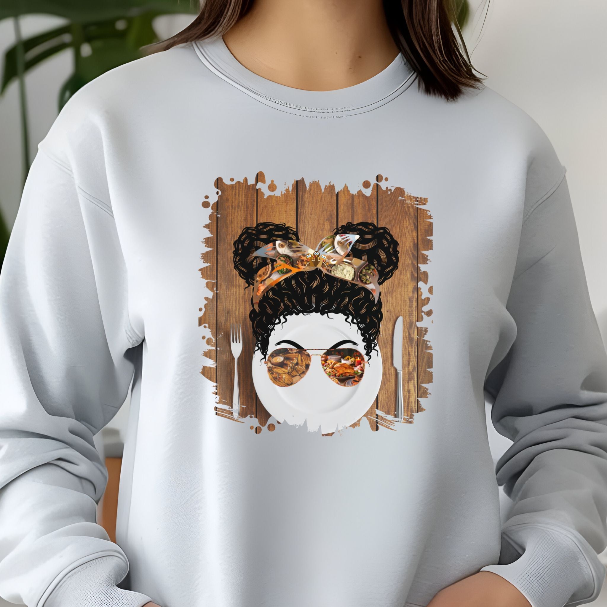 Plate Setting, Black Hair Messy Bun, Unisex Jersey Long Sleeve Tee